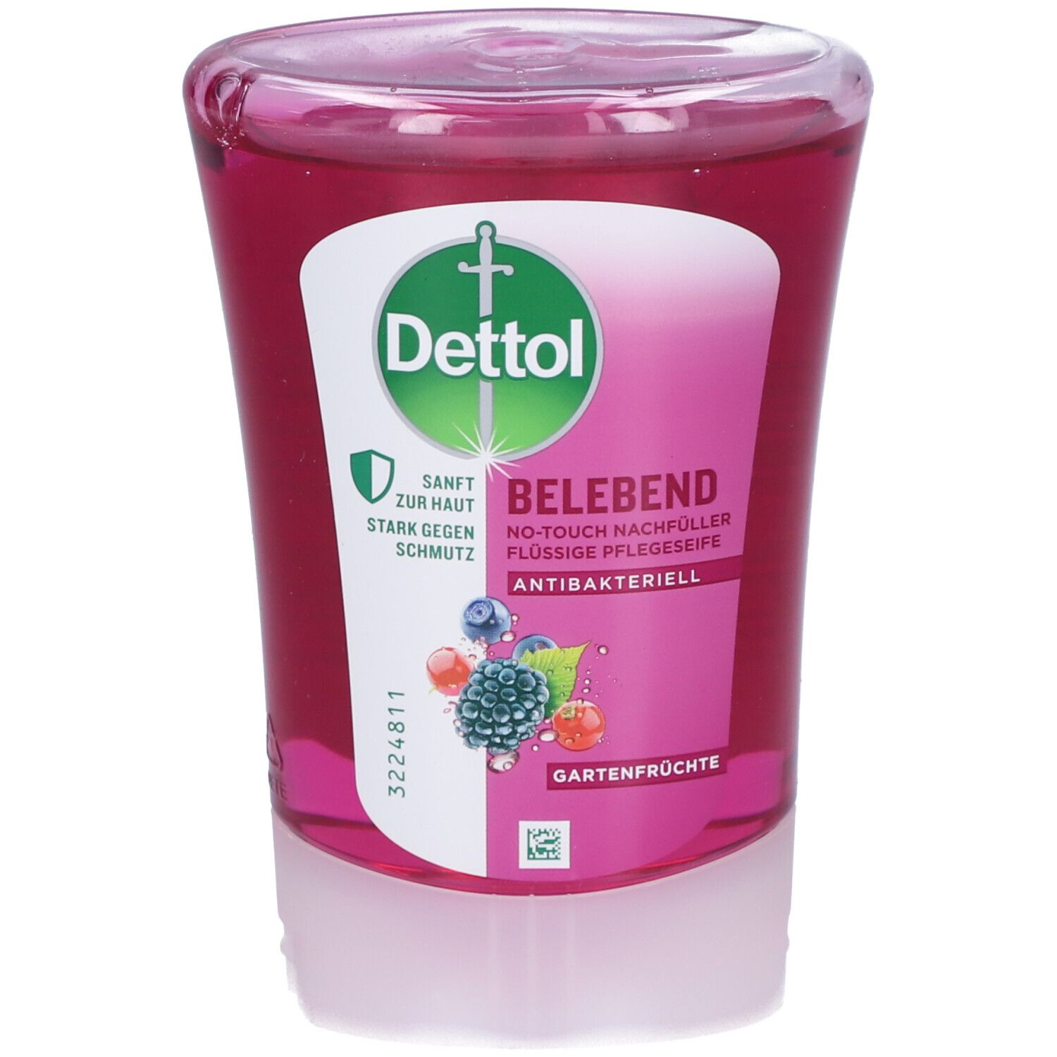 Recharge de savon liquide. Liquide rose dans un récipient transparent. Étiquette avec logo Dettol, texte et illustrations de fruits.