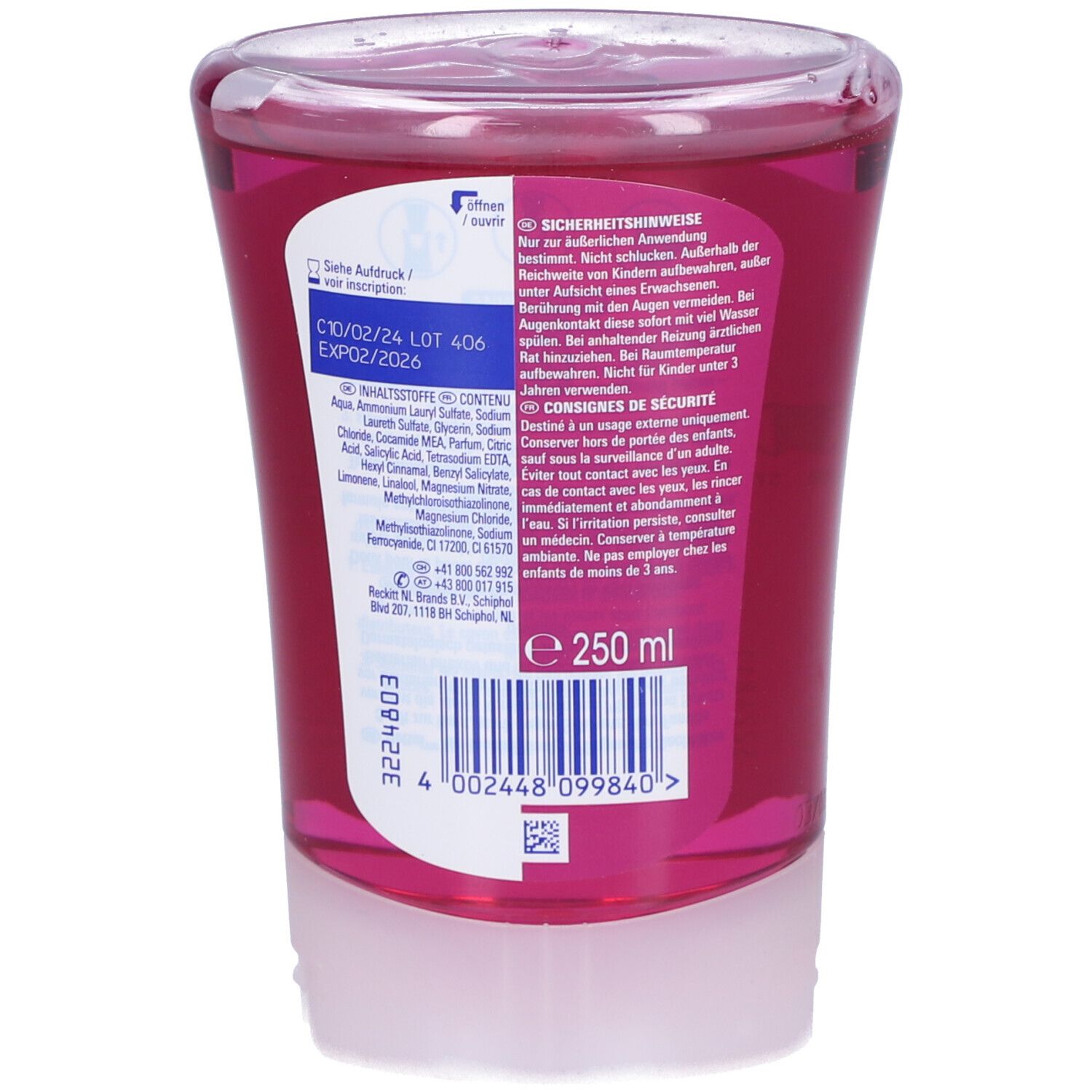 Dos de la recharge de savon liquide. Contient du texte, un code-barres et l'indication du volume. Récipient transparent avec liquide rose.