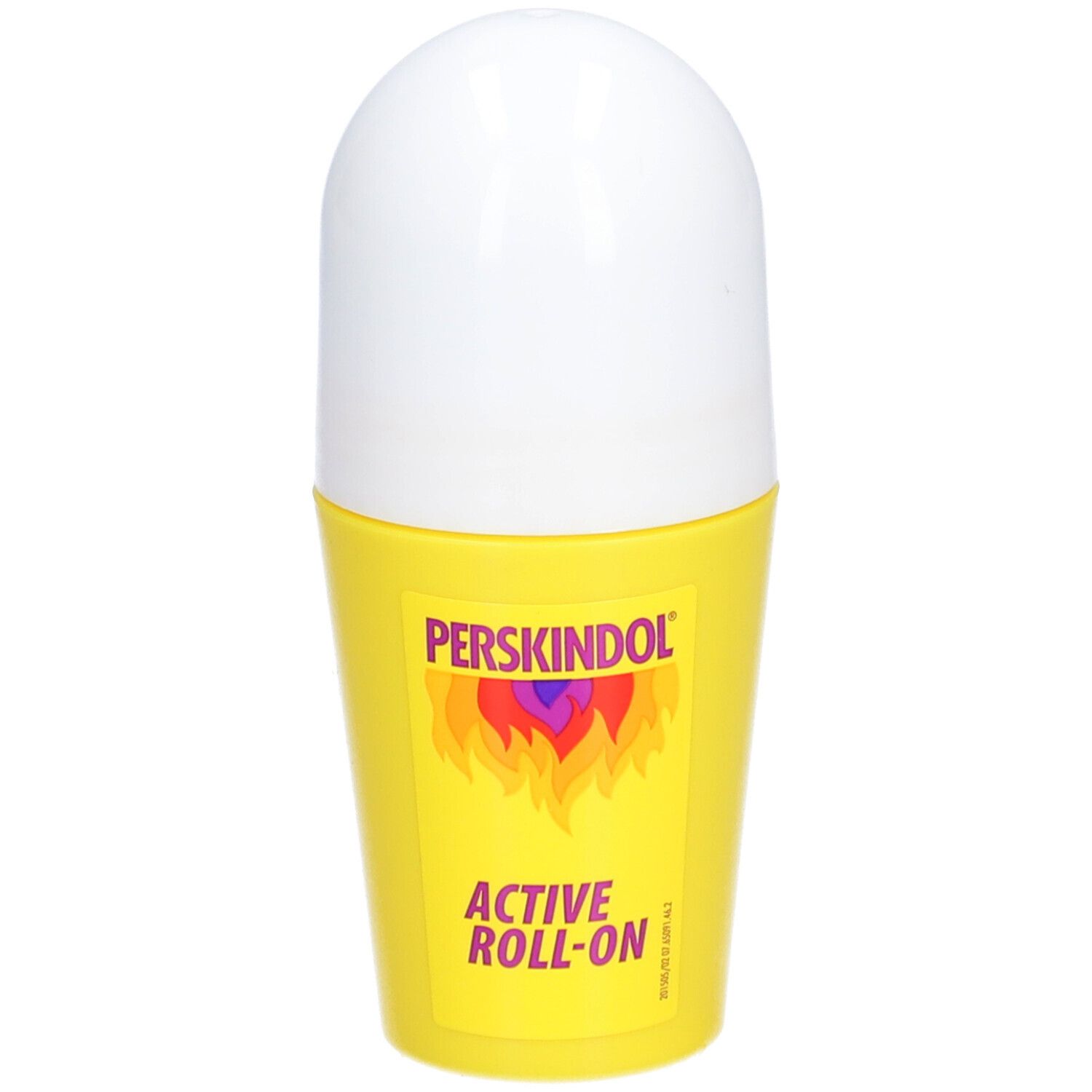 Roll-on jaune avec bouchon blanc. Inscription : Perskindol Active Roll-On. Logo avec flammes.