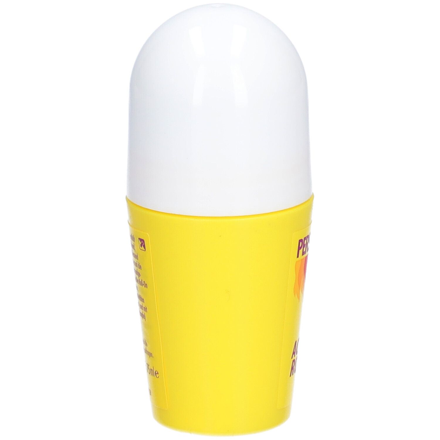 Roll-on jaune avec bouchon blanc. Dos avec texte. Nom du produit non visible.