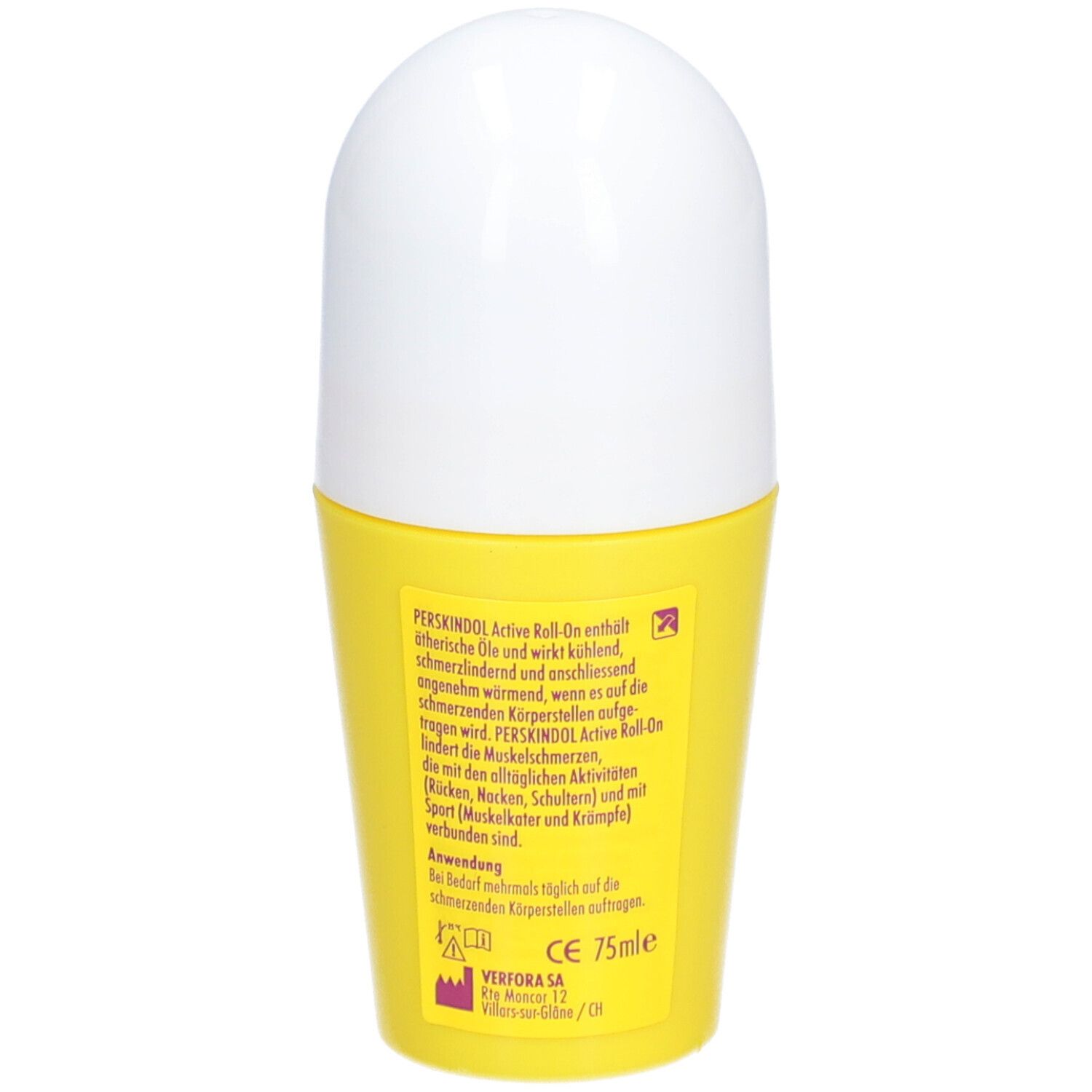 Roll-on jaune avec bouchon blanc. Dos avec texte. Nom du produit non visible.