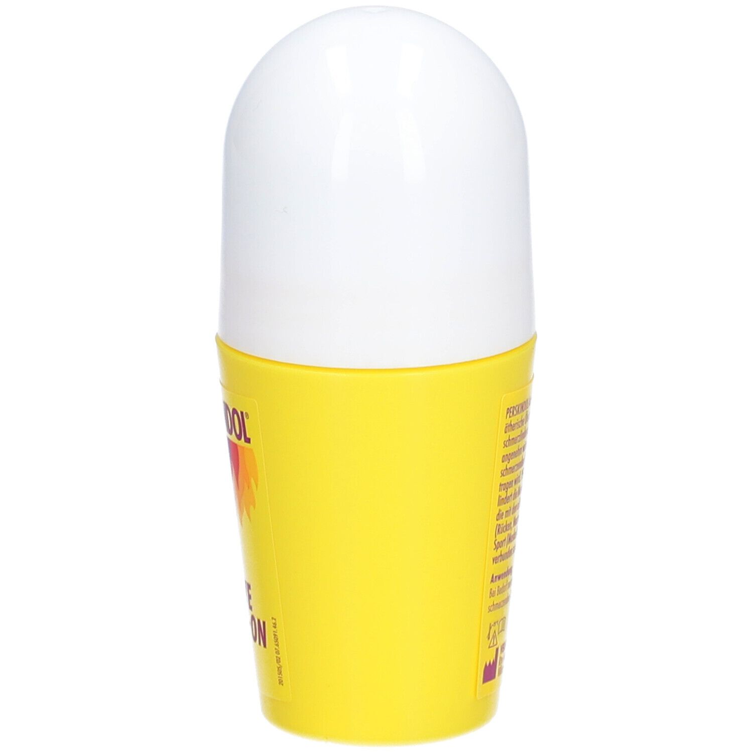 Roll-on jaune avec bouchon blanc. Dos avec texte. Nom du produit non visible.