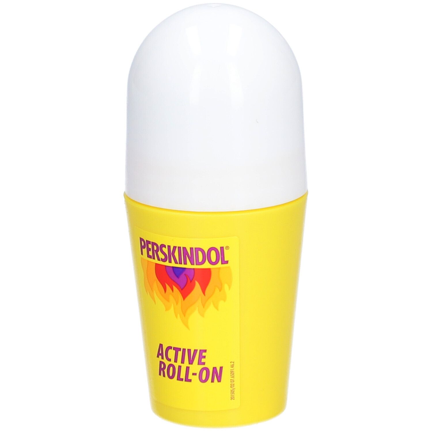 Roll-on jaune avec bouchon blanc. Inscription : Perskindol Active Roll-On. Logo avec flammes.