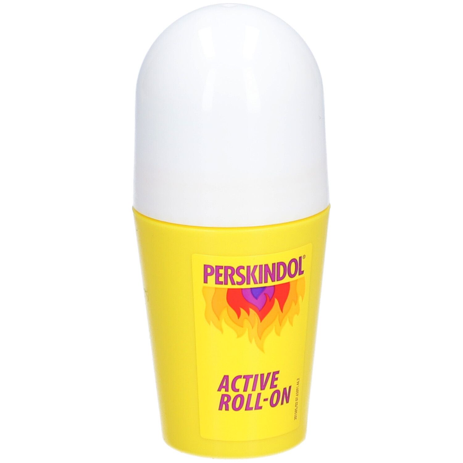 Roll-on jaune avec bouchon blanc. Inscription : Perskindol Active Roll-On. Logo avec flammes.