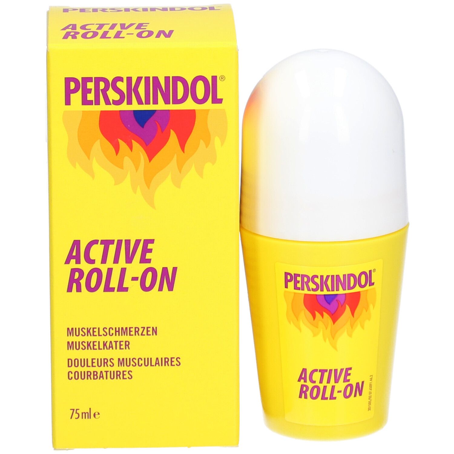 Roll-on jaune et boîte. Inscription : Perskindol Active Roll-On. Logo avec flammes. 75ml.