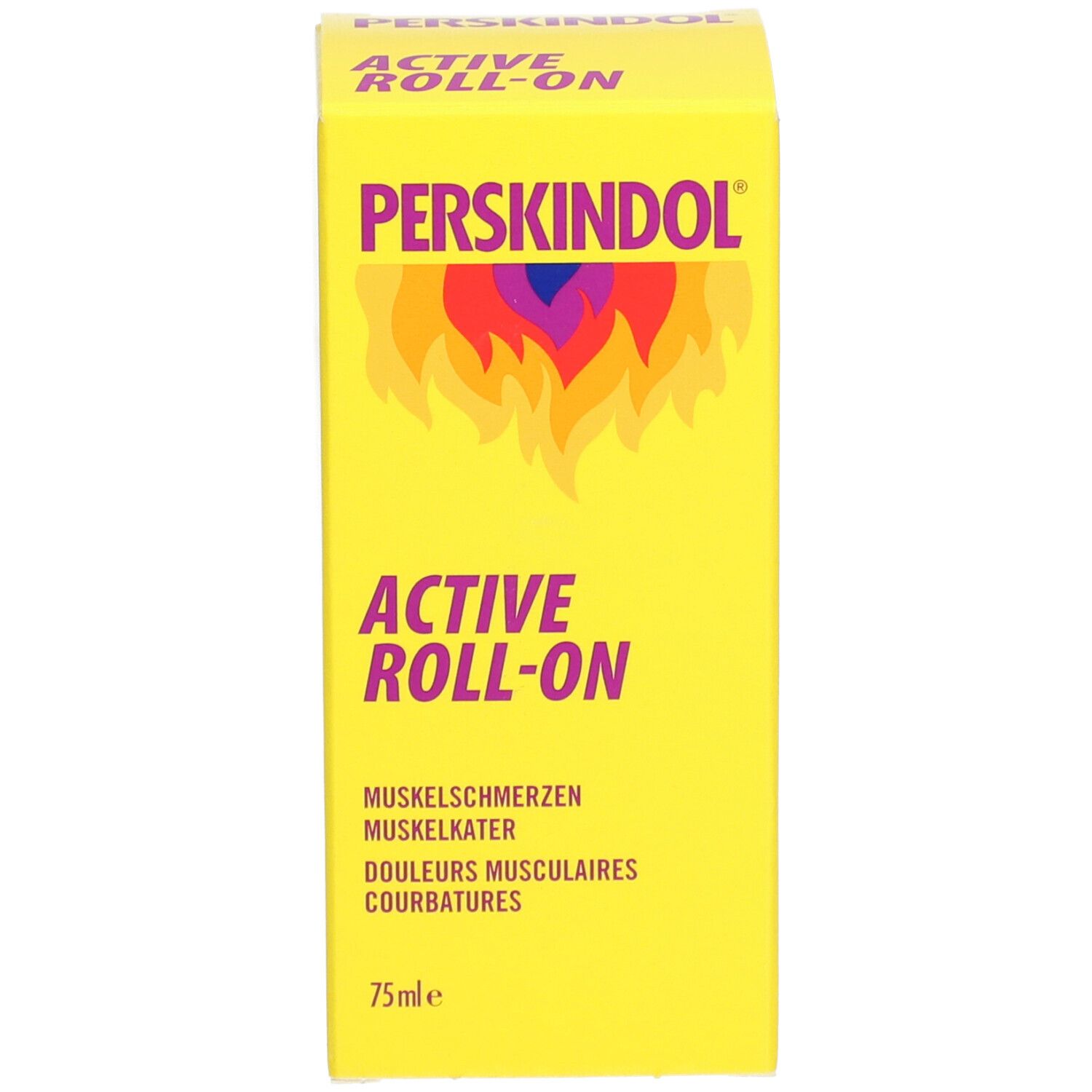 Boîte jaune. Inscription : Perskindol Active Roll-On. Logo avec flammes. 75ml.