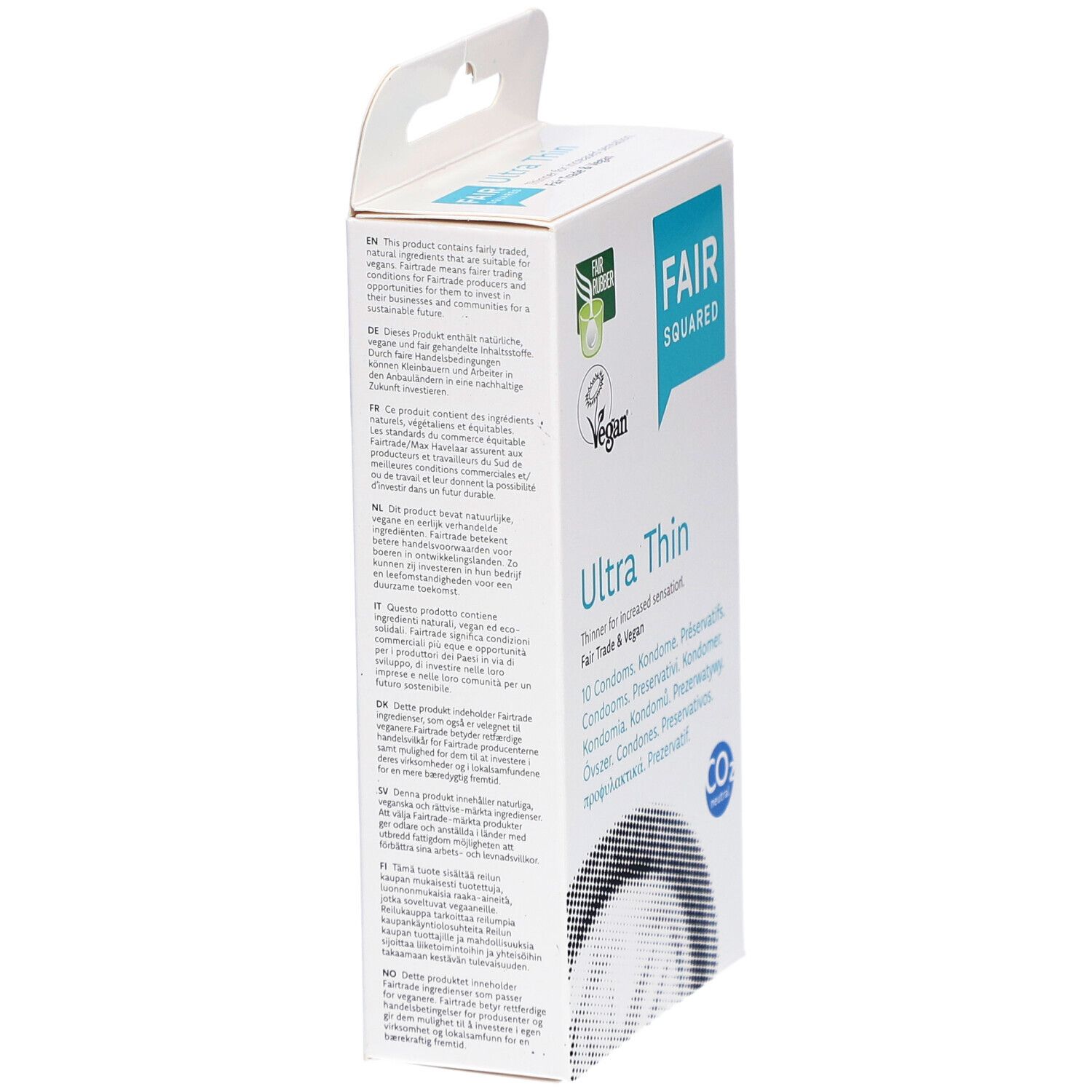 Boîte de préservatifs. Inscription: FAIR SQUARED, Ultra Thin, 10 pièces. Label Vegan. CO2 neutre. Texte multilingue.