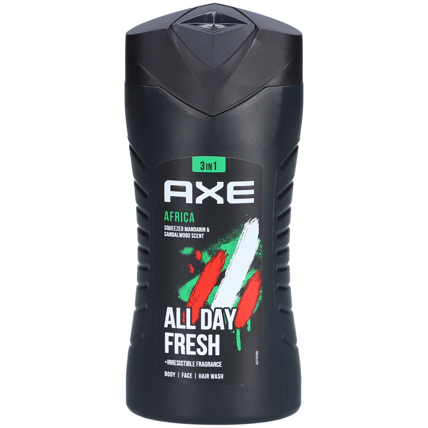 Flacon noir de gel douche AXE 3 en 1 Africa. Graphique vert-blanc-rouge. Texte : ALL DAY FRESH, Squeezed Mandarin & Sandalwood Scent.