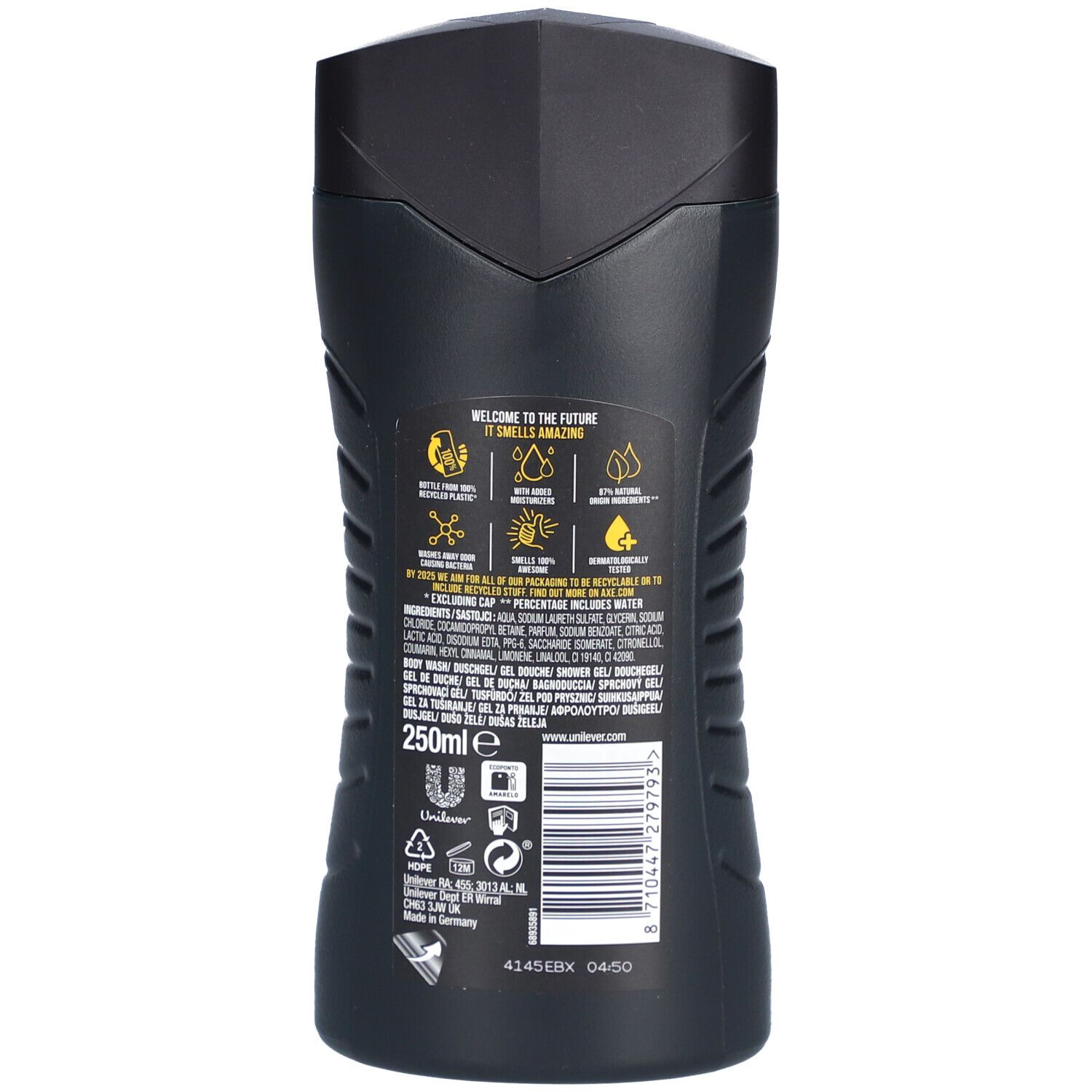 Dos du flacon noir de gel douche AXE. Texte : WELCOME TO THE FUTURE, 250ml. Logo Unilever. Divers symboles et texte.