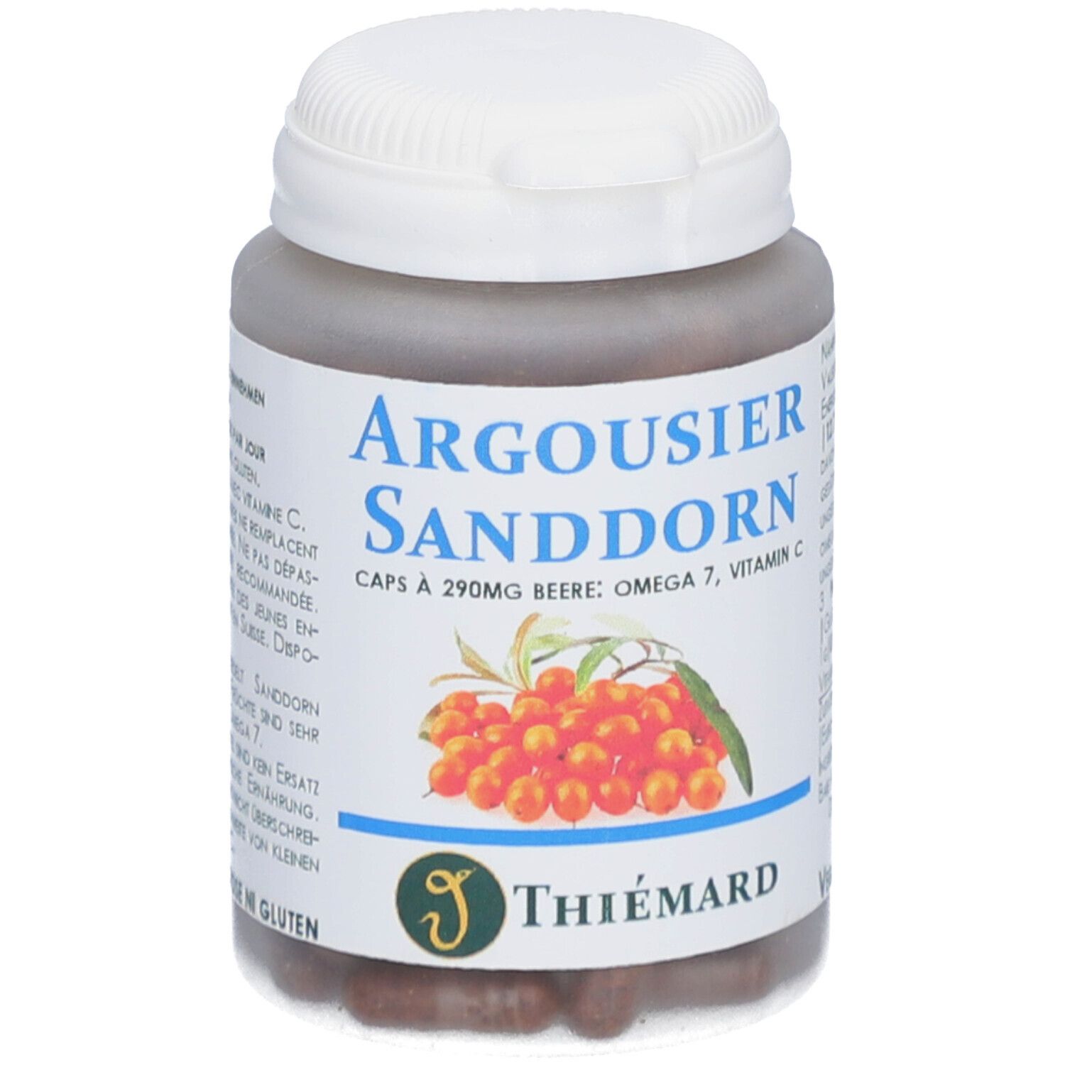 Flacon de capsules brunes. Inscription : Argousier Sanddorn, Omega 7, Vitamine C. Marque : THIÉMARD.