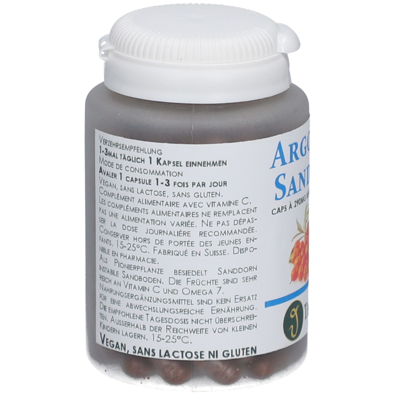 Flacon de capsules brunes. Inscription : Argousier Sanddorn, Omega 7, Vitamine C. Vegan, sans lactose, sans gluten.