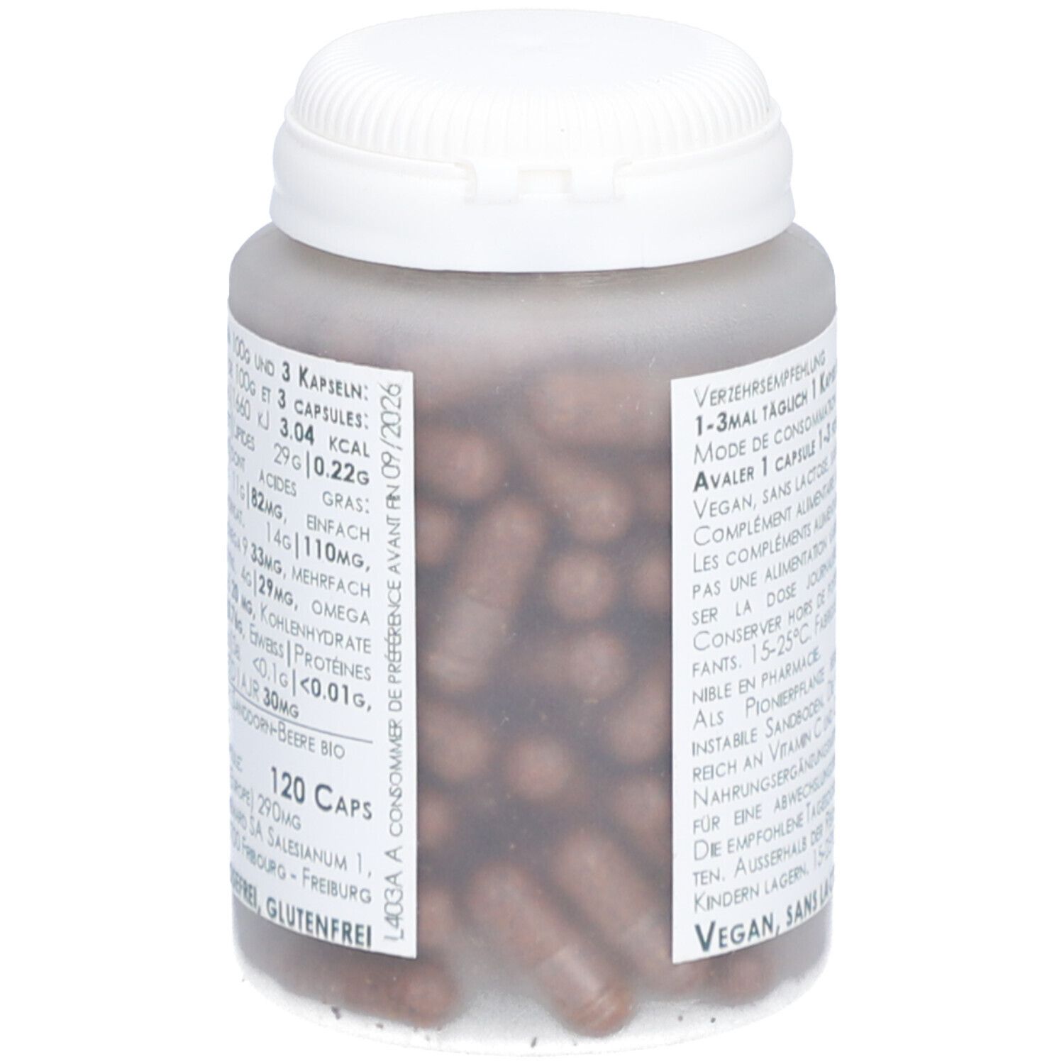 Flacon de capsules brunes. Inscription : 120 Caps. Vegan, sans lactose, sans gluten. Informations nutritionnelles.