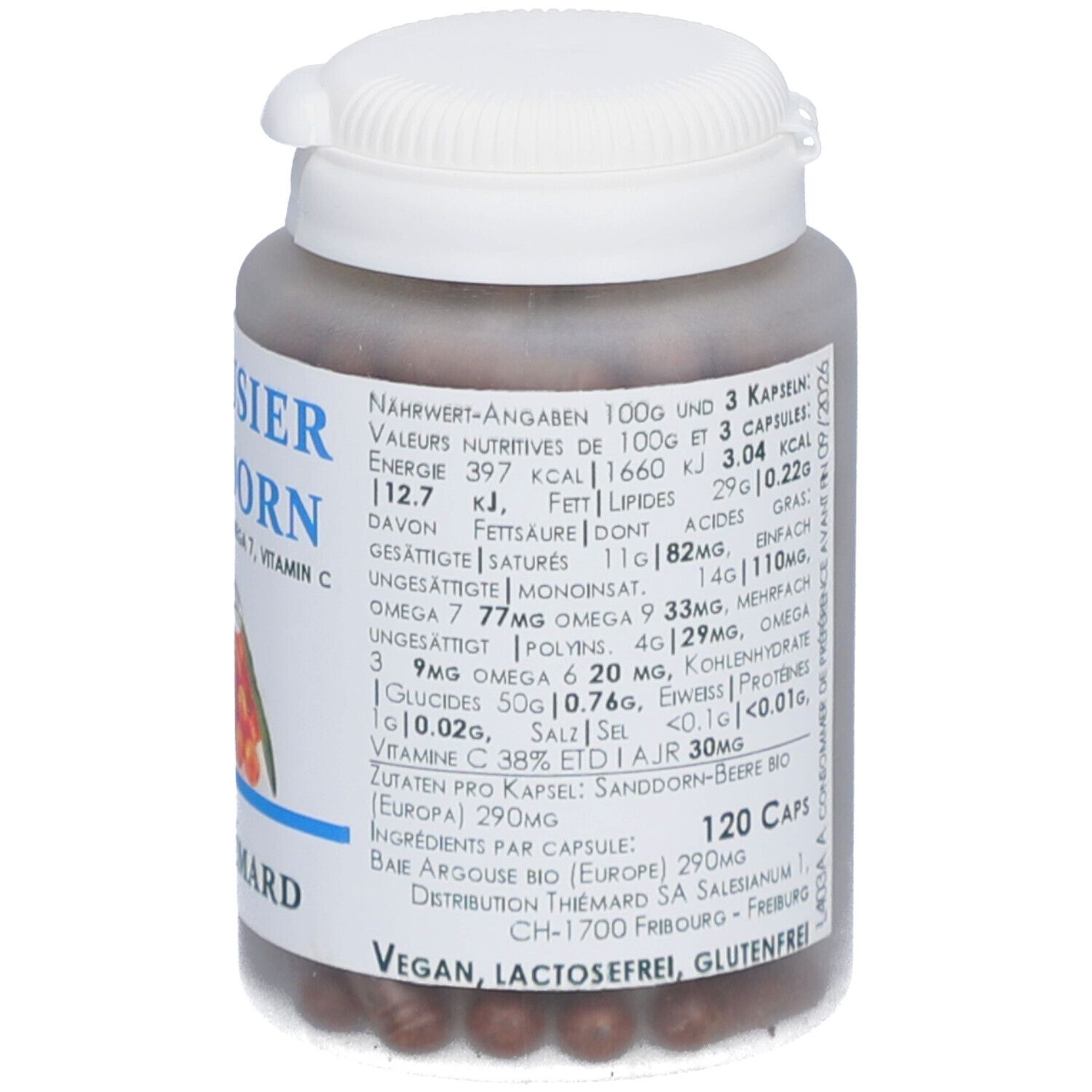 Flacon de capsules brunes. Inscription : Argousier Sanddorn, Omega 7, Vitamine C. Marque : THIÉMARD. Valeurs nutritionnelles.