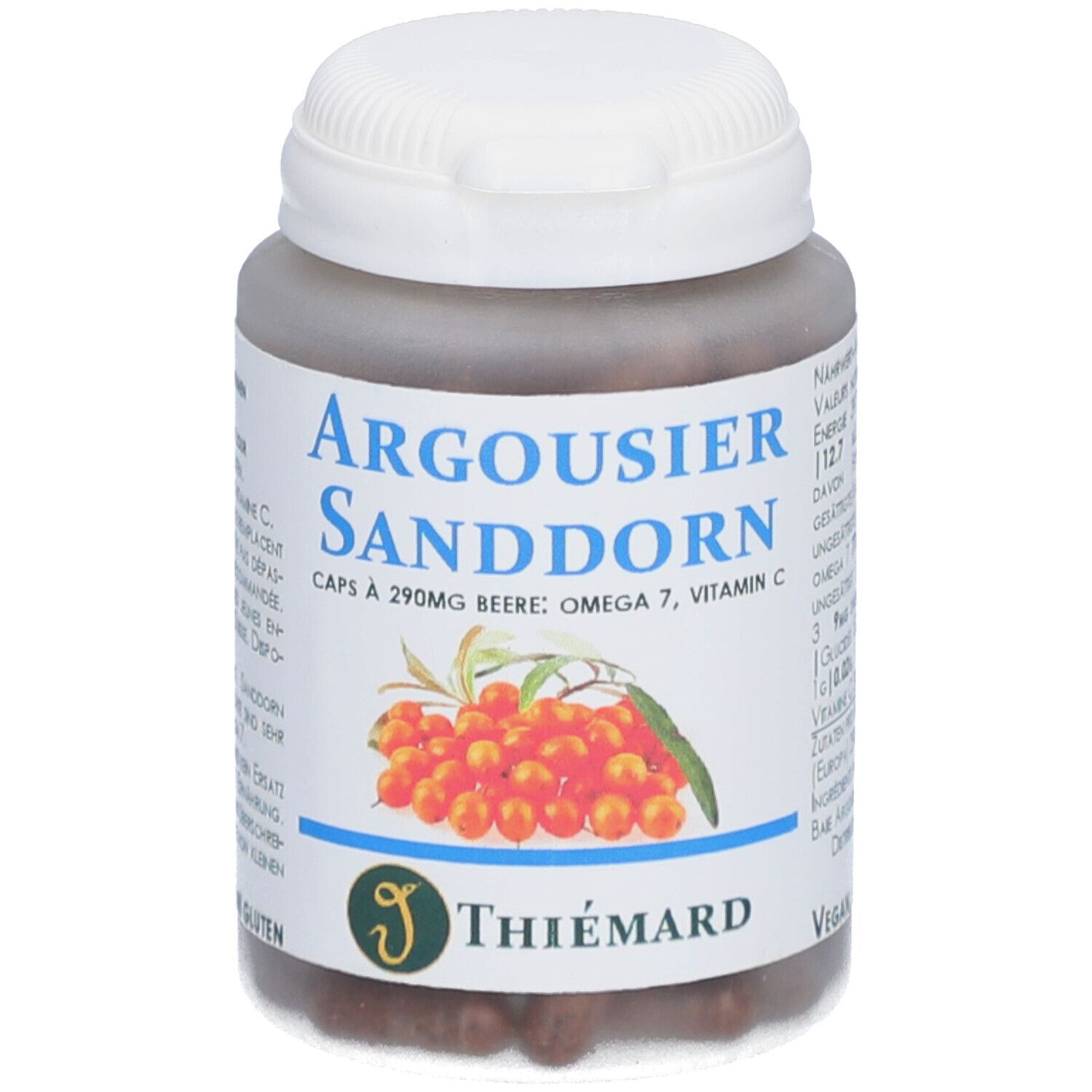 Capsules brunes dans un flacon. Inscription : Argousier Sanddorn, Omega 7, Vitamine C. Marque : THIÉMARD.