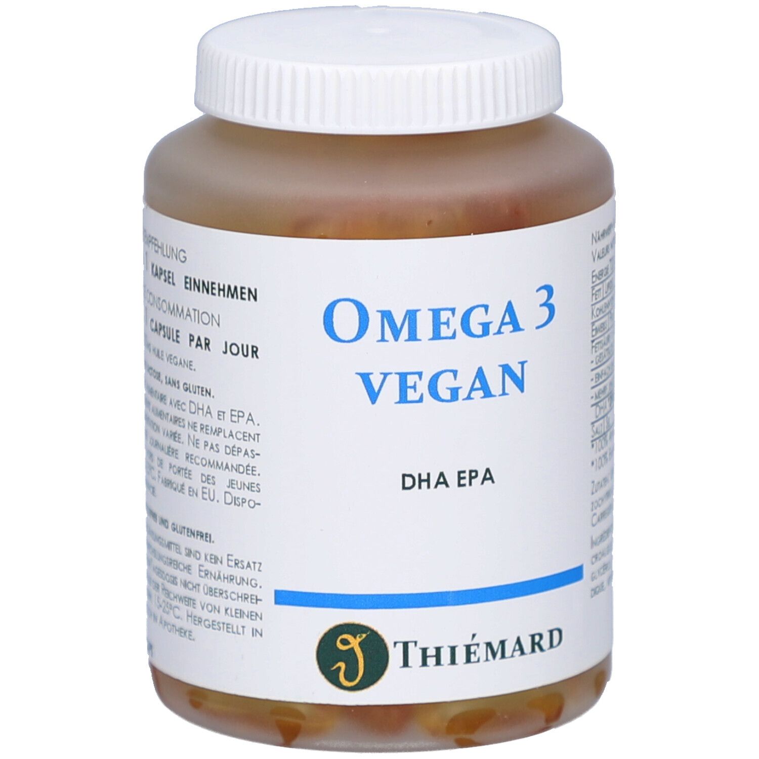 Capsules brunes dans un flacon blanc avec une étiquette bleue. Inscription : Omega 3 Algue, Microalgue DHA EPA. Marque : THIÉMARD.