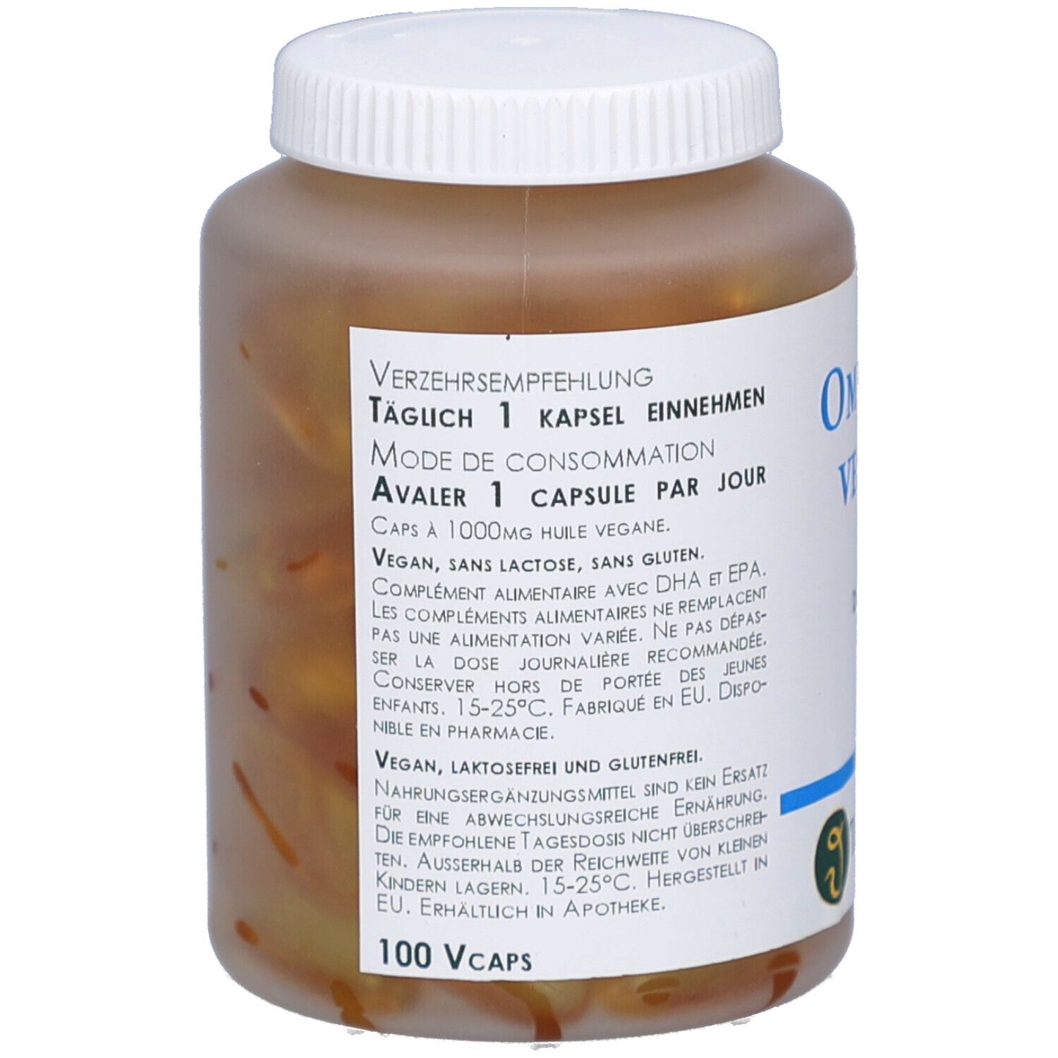 Flacon blanc avec capsules brunes. Inscription : Avaler 1 capsule par jour. Vegan, sans lactose, sans gluten. 100 Vcaps. Marque : THIÉMARD.