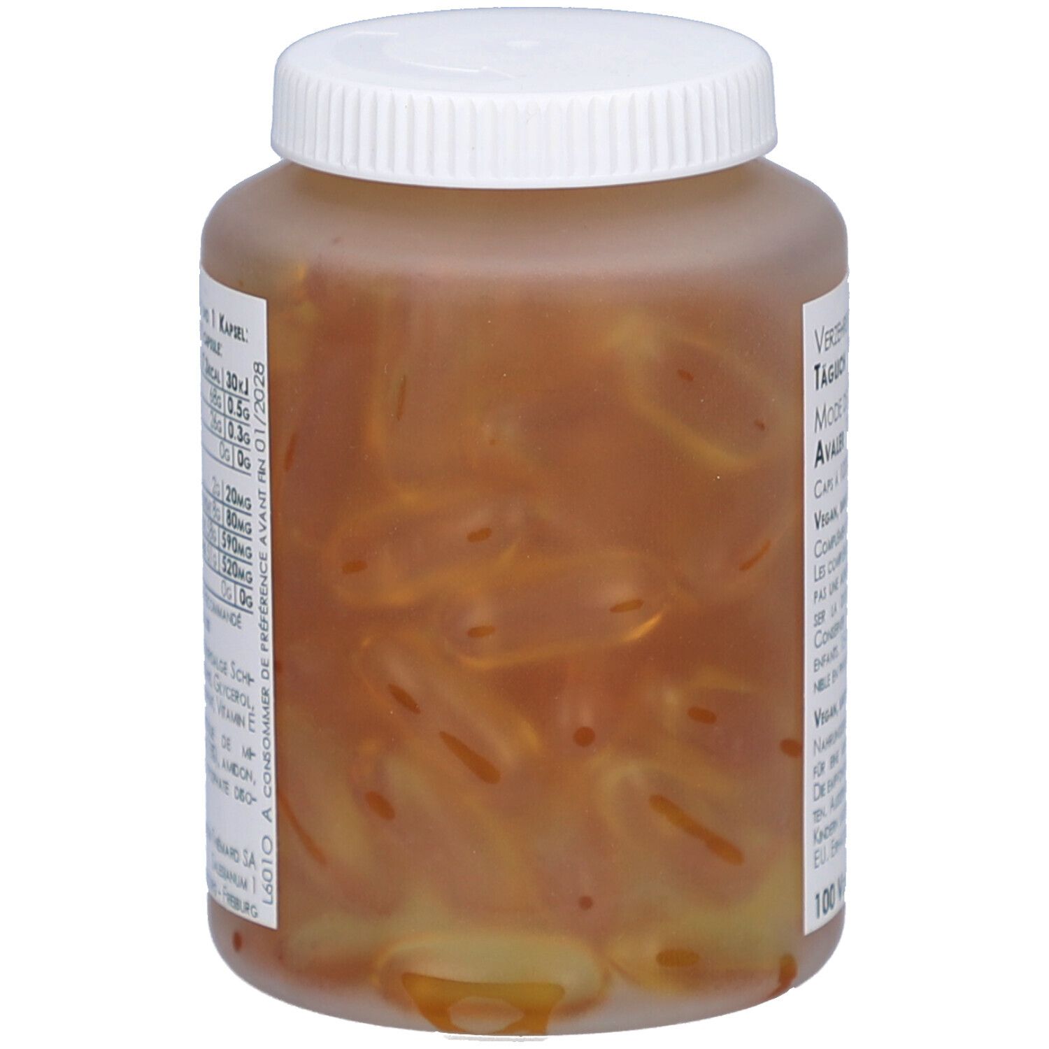 Flacon transparent avec capsules brunes. Capsules visibles. Inscription : 100 Vcaps. Marque : THIÉMARD.
