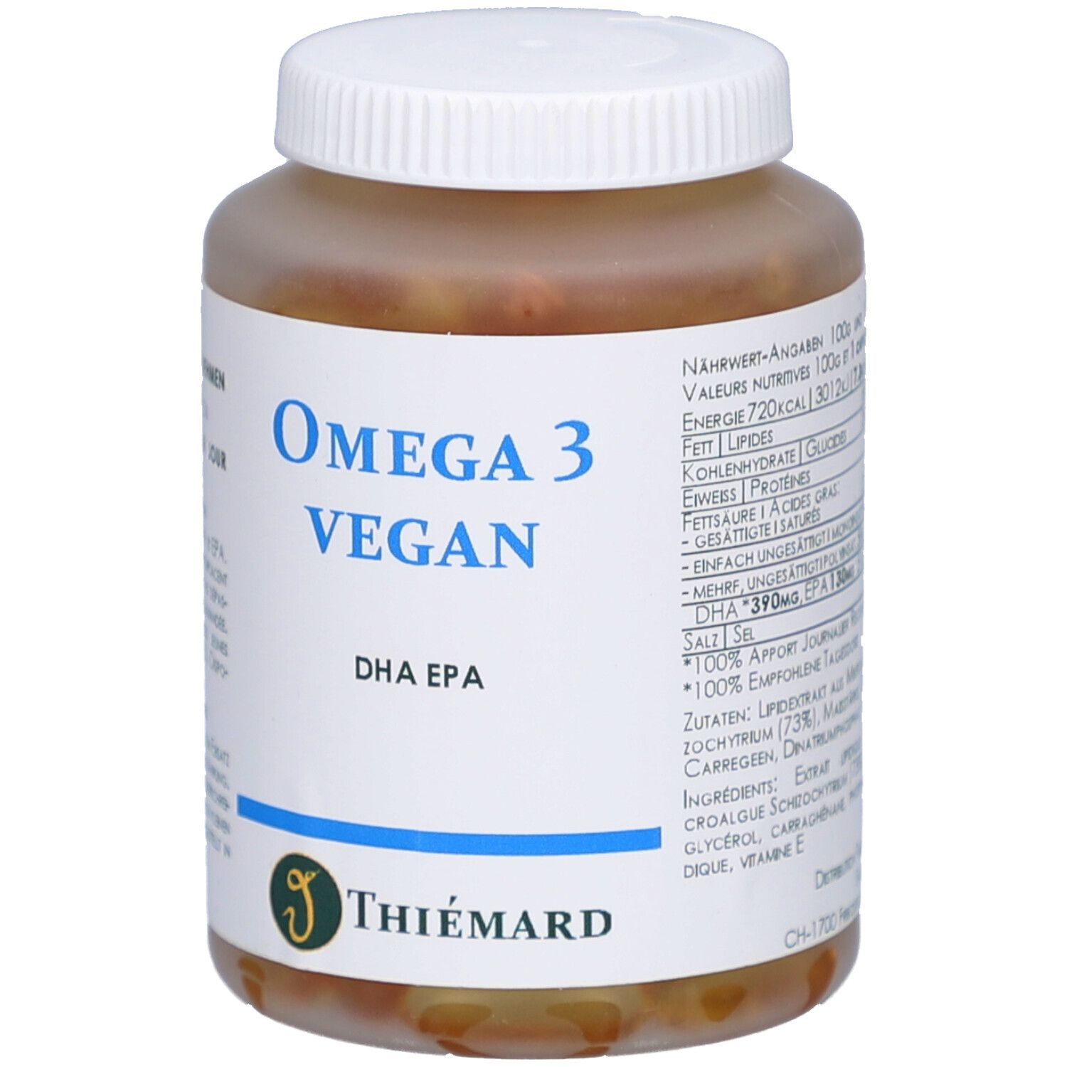 Capsules brunes dans un flacon blanc avec étiquette bleue. Inscription : Omega 3 Algue, Microalgue DHA EPA. Marque : THIÉMARD. Informations nutritionnelles.