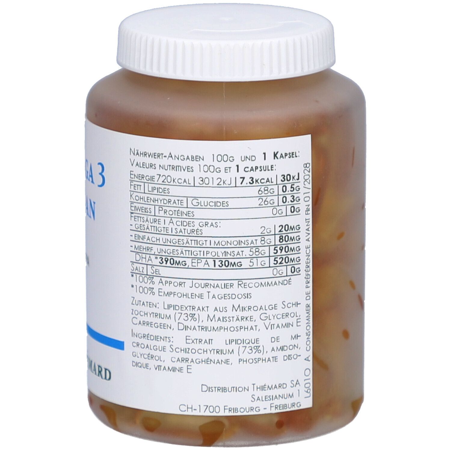 Flacon blanc avec capsules brunes. Inscription : Informations nutritionnelles. Ingrédients : Lipides, DHA, EPA. Marque : THIÉMARD.