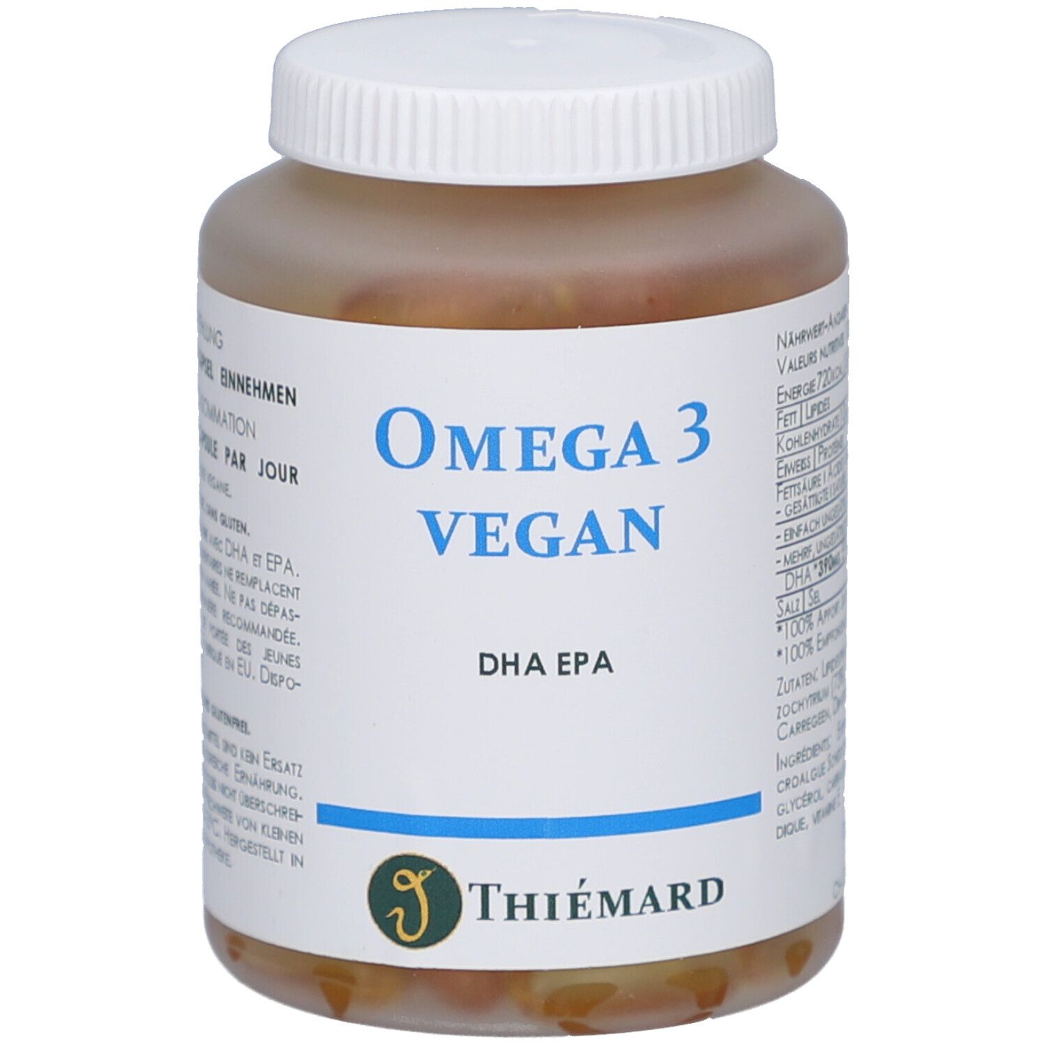 Capsules brunes dans un flacon blanc avec une étiquette bleue. Inscription : Omega 3 Algue, Microalgue DHA EPA. Marque : THIÉMARD.