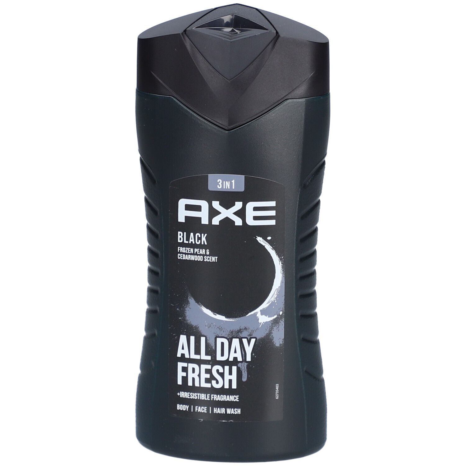 Flacon de gel douche noir avec bouchon noir. Inscription "AXE Black" et "3 en 1". Contient "Frozen Pear & Cedarwood Scent".