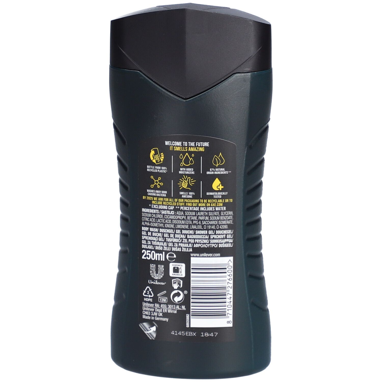 Dos du flacon de gel douche noir. Contient du texte et des symboles. En bas, "250ml e".