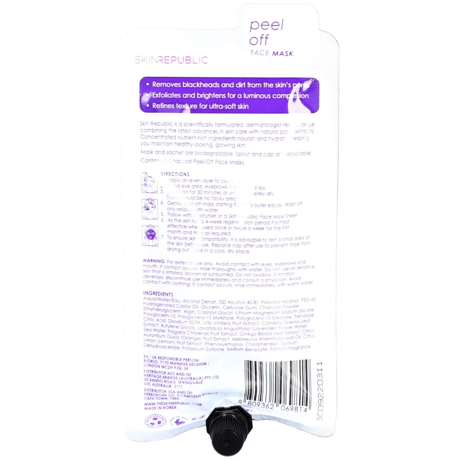 Dos de l'emballage du masque facial. Texte: Skin Republic, Peel Off Face Mask. Ingrédients et instructions d'utilisation.