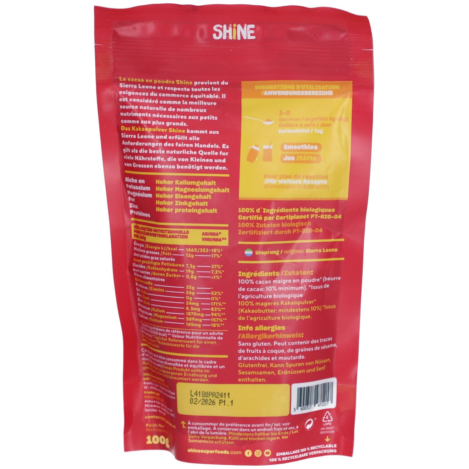 Dos du sachet rouge de poudre de cacao SHINE. Extraits de texte, liste des ingrédients, informations nutritionnelles et label bio.