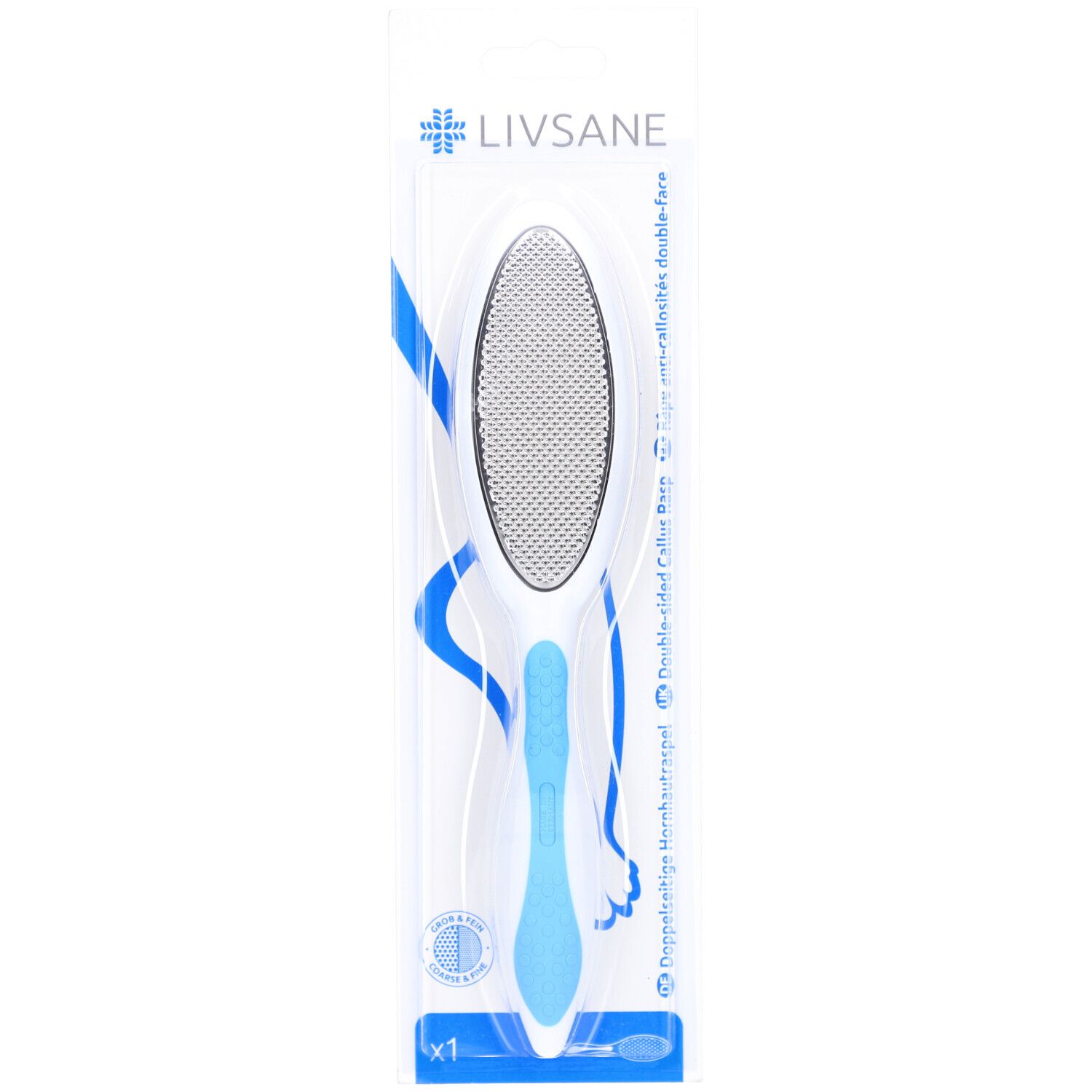 Râpe à callosités dans son emballage. Manche blanc, détails bleus. Surface de râpe double face. Logo LIVSANE.