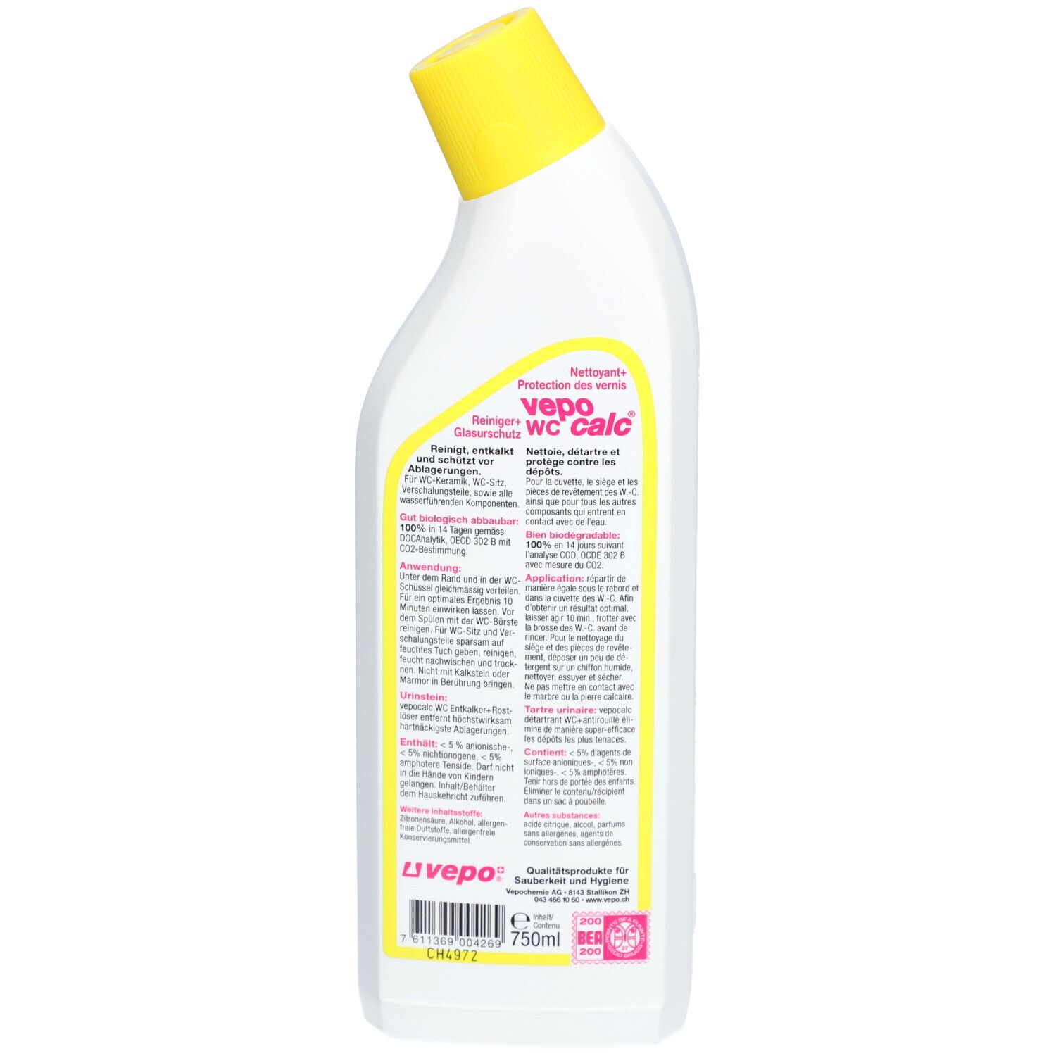 Dos d'une bouteille blanche avec bouchon jaune. Texte en allemand et français. Volume: 750ml.