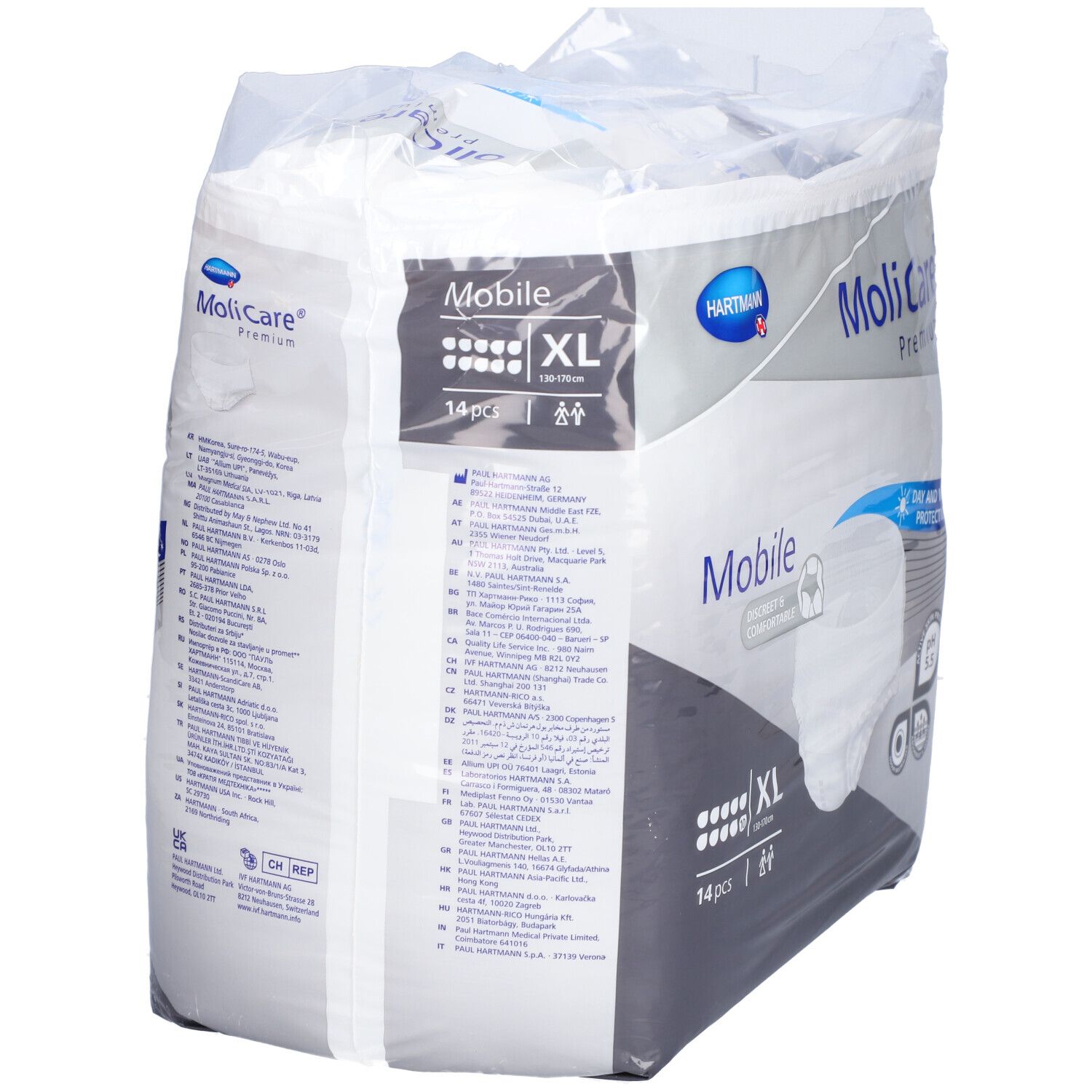 Emballage MoliCare Premium Mobile, XL, 14 pièces. Protection jour et nuit. Informations produit au dos.