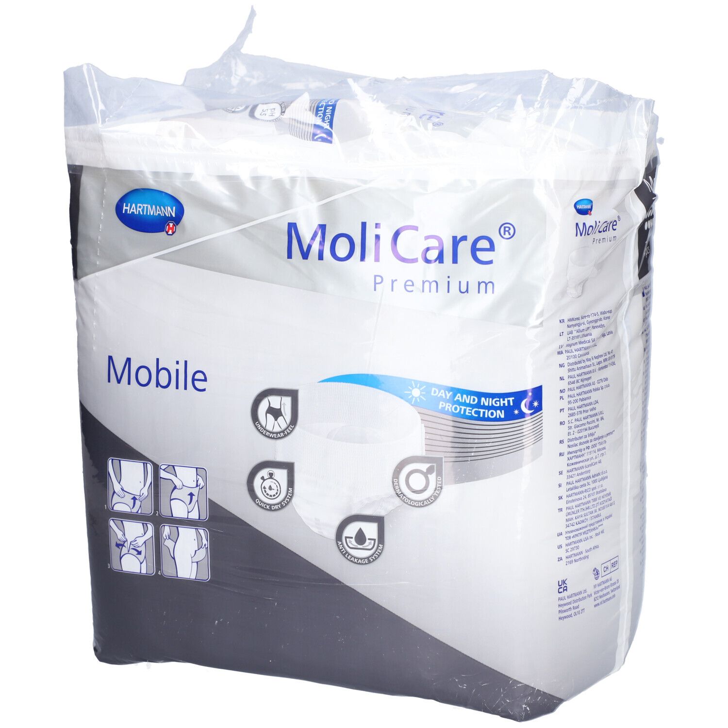 Emballage MoliCare Premium Mobile, XL, 14 pièces. Protection jour et nuit. Illustrations d'utilisation.