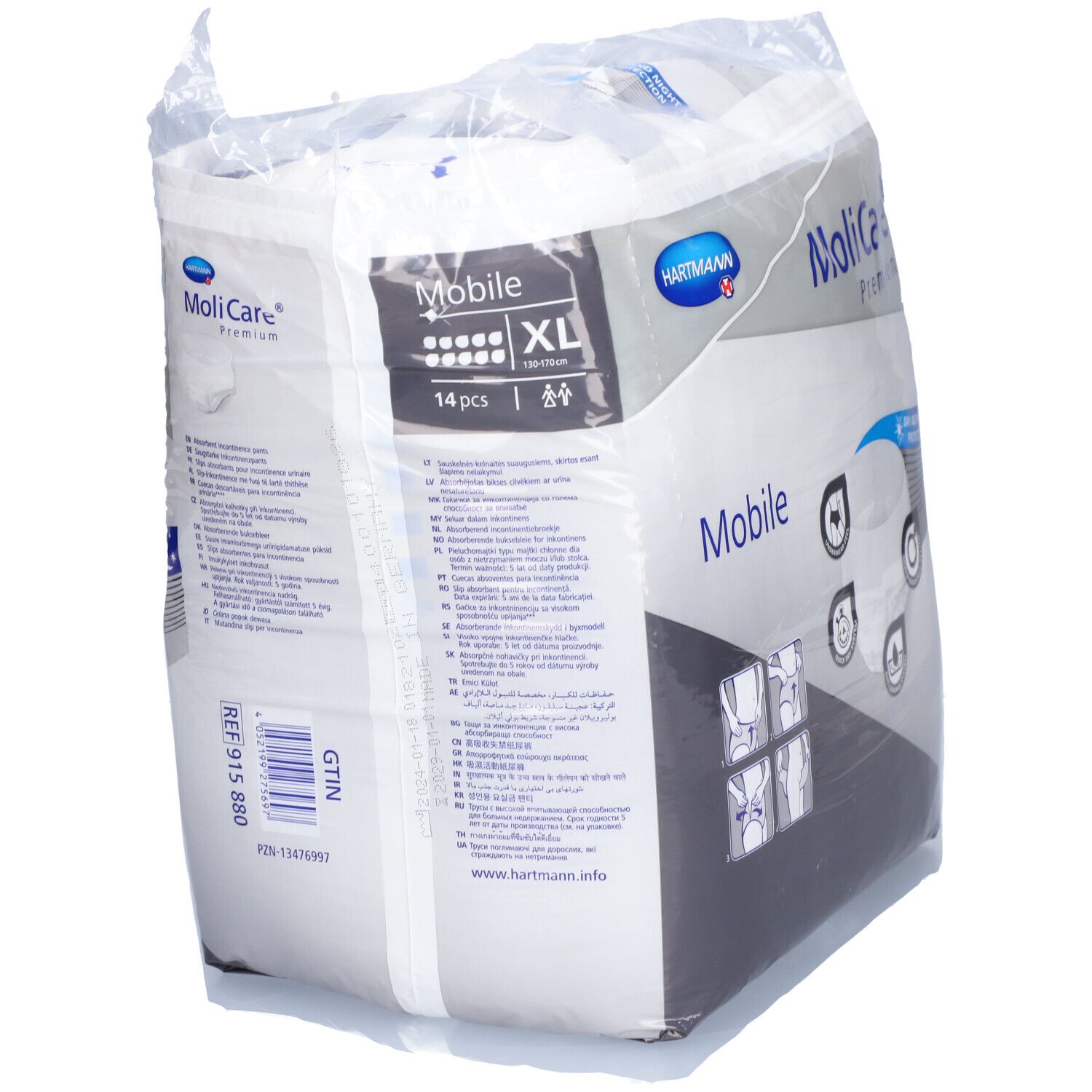 Emballage MoliCare Premium Mobile, XL, 14 pièces. Protection jour et nuit. Informations produit au dos.