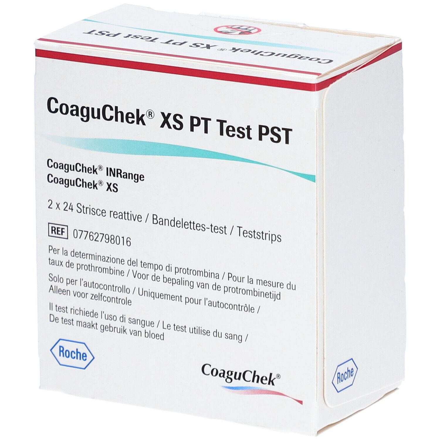 Boîte blanche CoaguChek XS PT Test PST. Contient 2x24 bandelettes. Marque Roche.