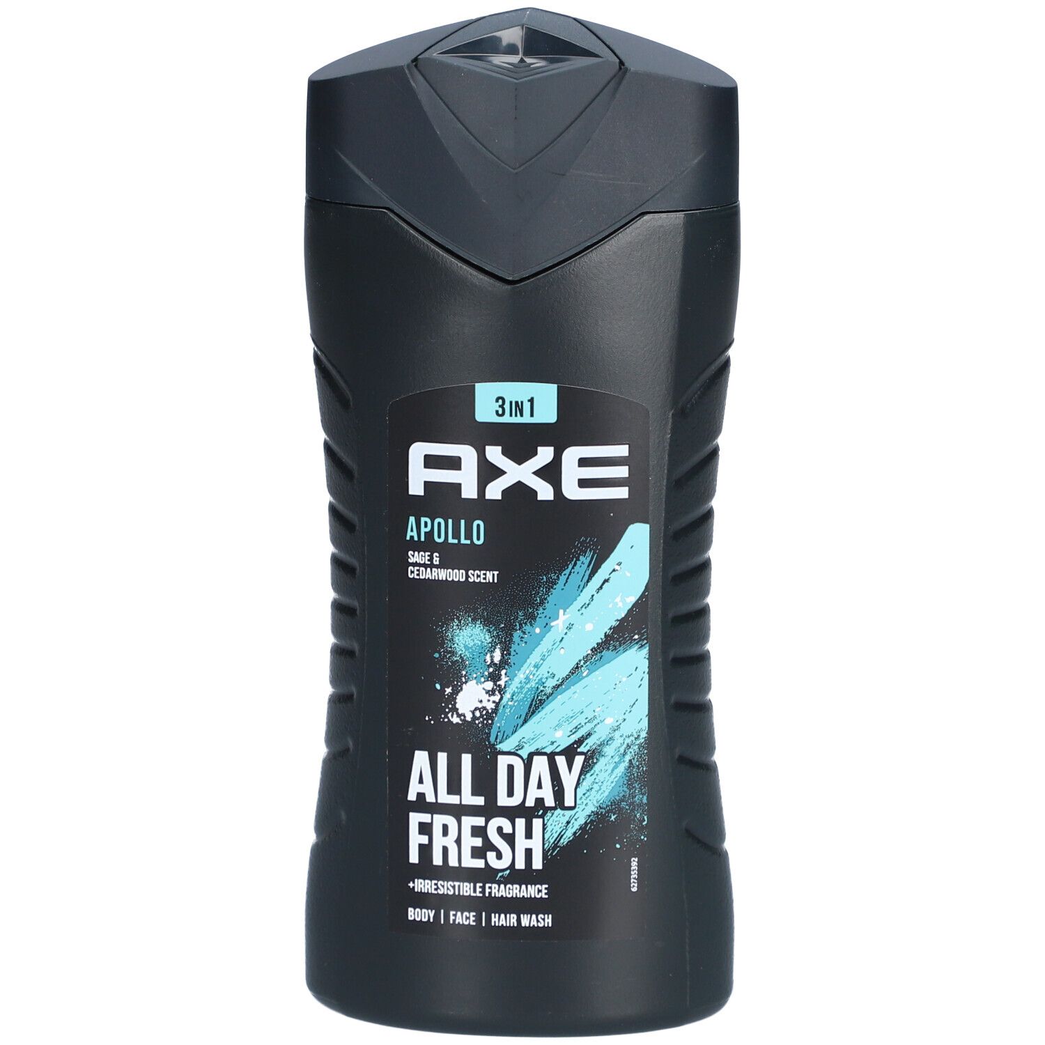 Flacon noir de gel douche AXE 3-en-1 Apollo. Inscription : Apollo, parfum sauge et bois de cèdre, All Day Fresh. 3-en-1 pour corps, visage et cheveux.