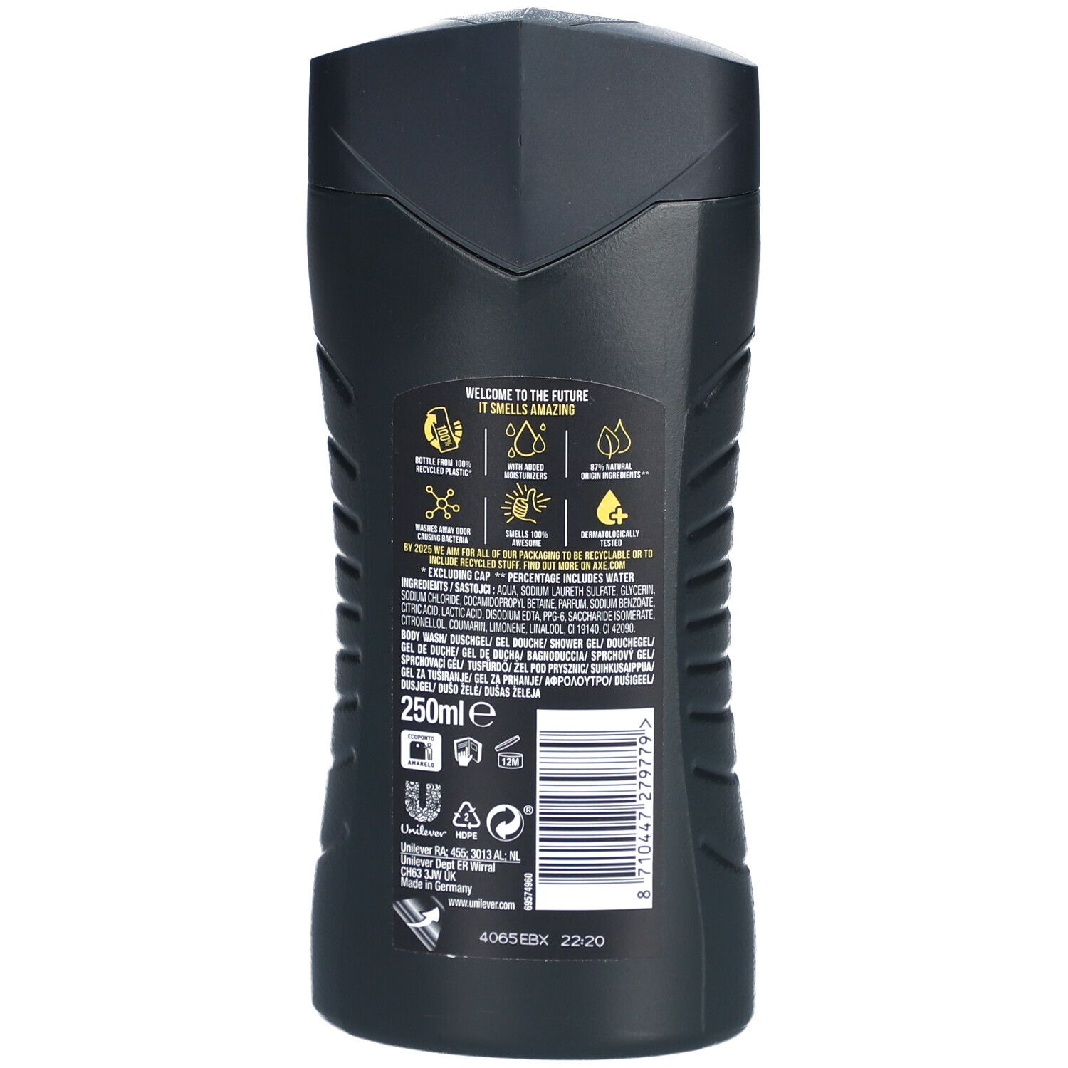 Dos du flacon noir AXE. Contient des informations sur les ingrédients, le fabricant et les symboles de recyclage. Volume : 250 ml.