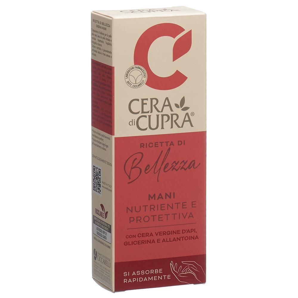 Emballage en carton avec zone rouge. Texte: Cera di Cupra, Ricetta di Bellezza, Mani Nutriente e Protettiva. Contient cire d'abeille, glycérine et allantoïne.