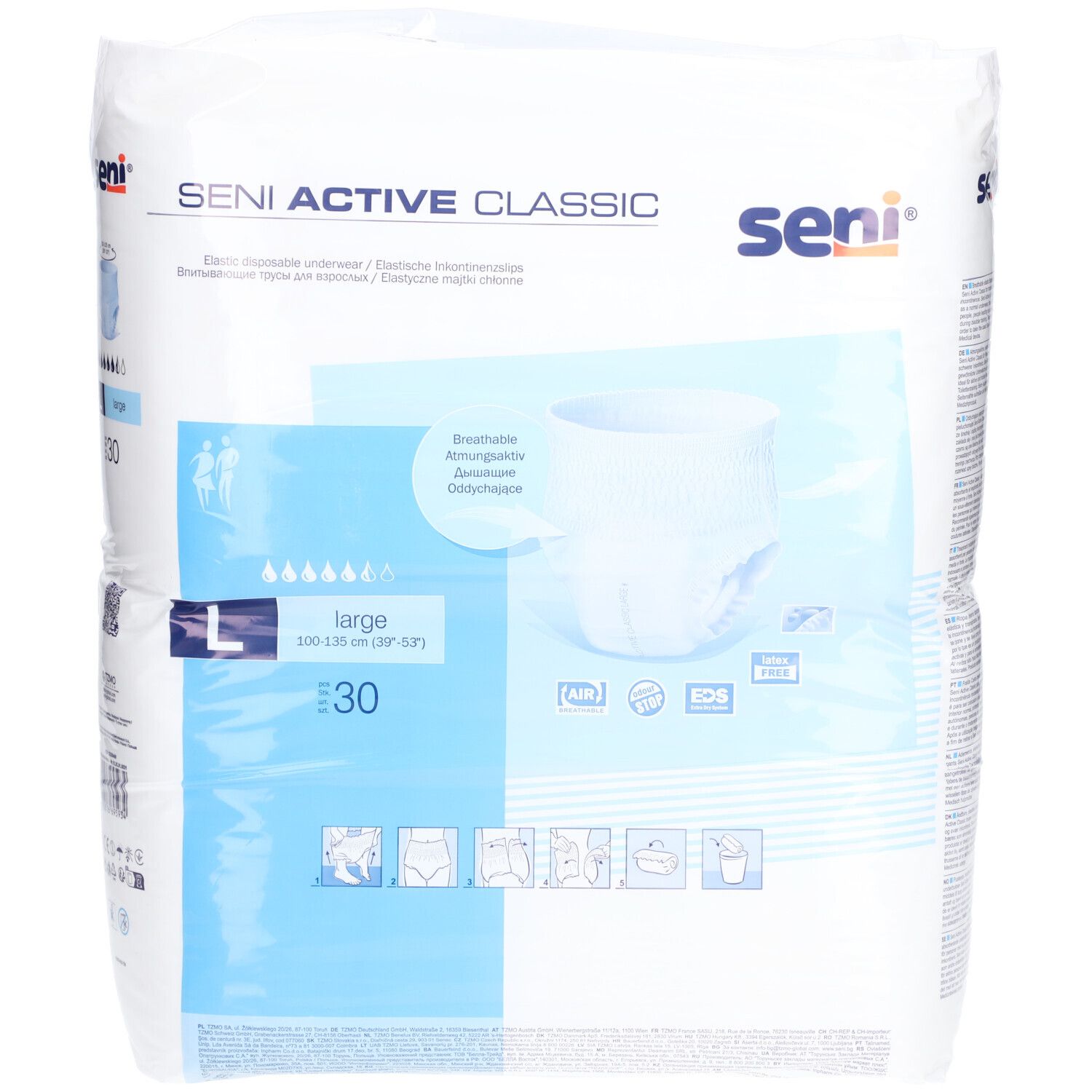 Paquet de SENI Active Classic Pants L. Culotte blanche représentée. Taille L, 30 pièces. Respirant. Marque SENI.