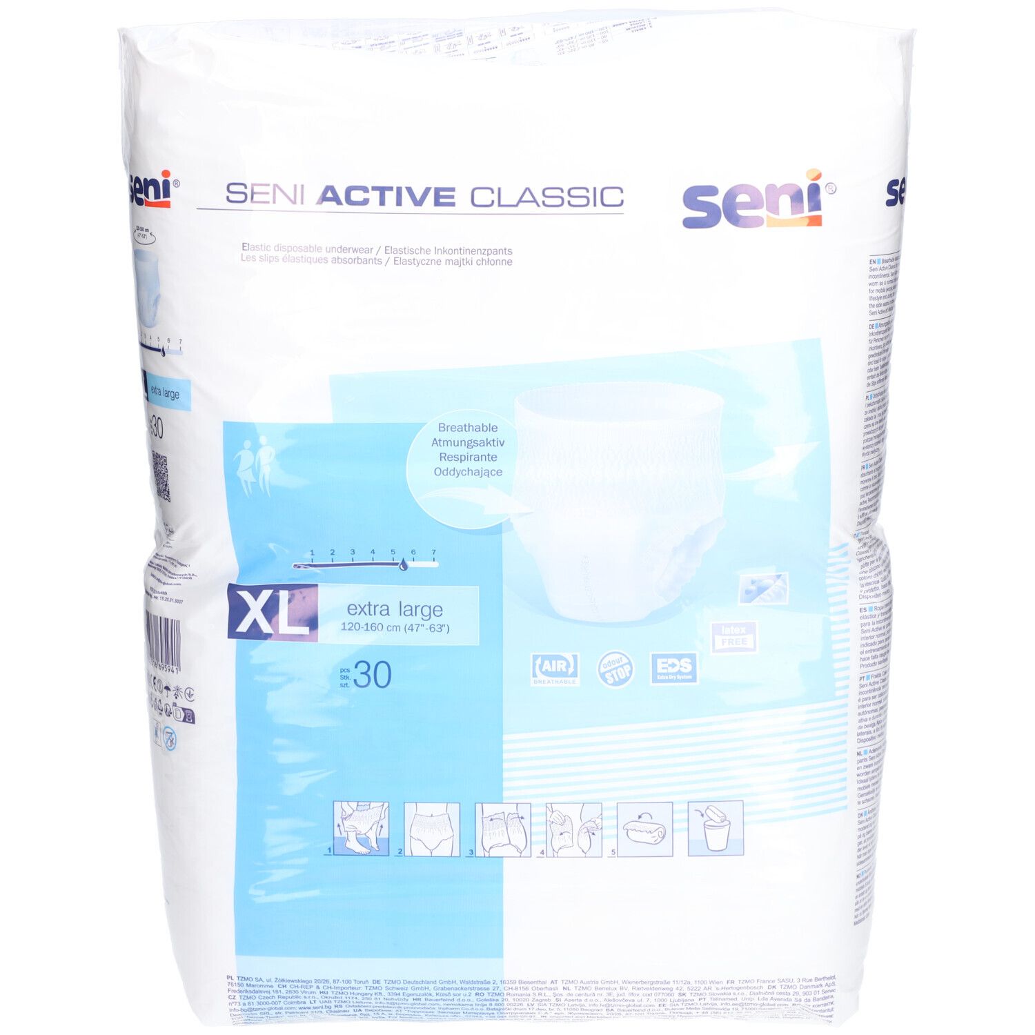 Paquet de SENI Active Classic XL. Sous-vêtements jetables blancs, 30 pièces. Extra large. Logo et nom du produit. Respirant.