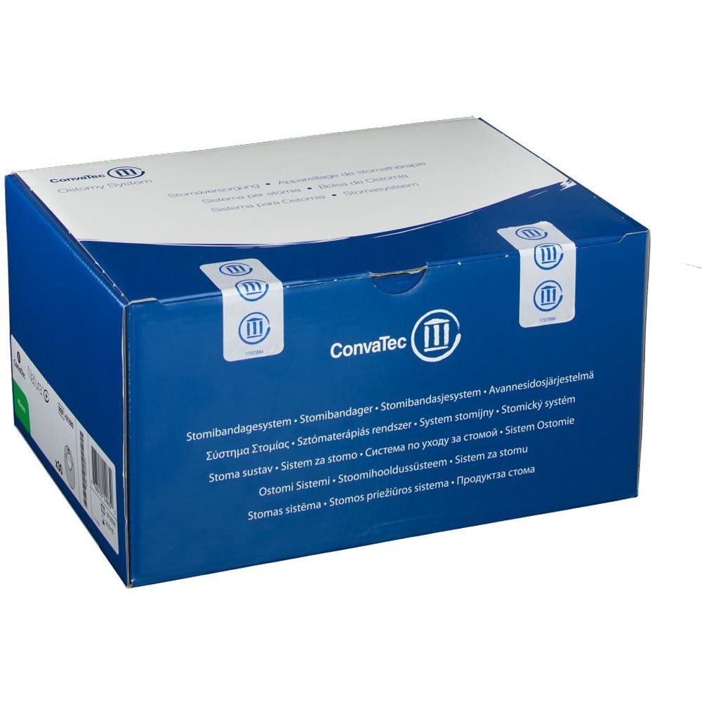 Boîte bleue et blanche avec logo ConvaTec et noms de produits multilingues. Sceaux sur le dessus.