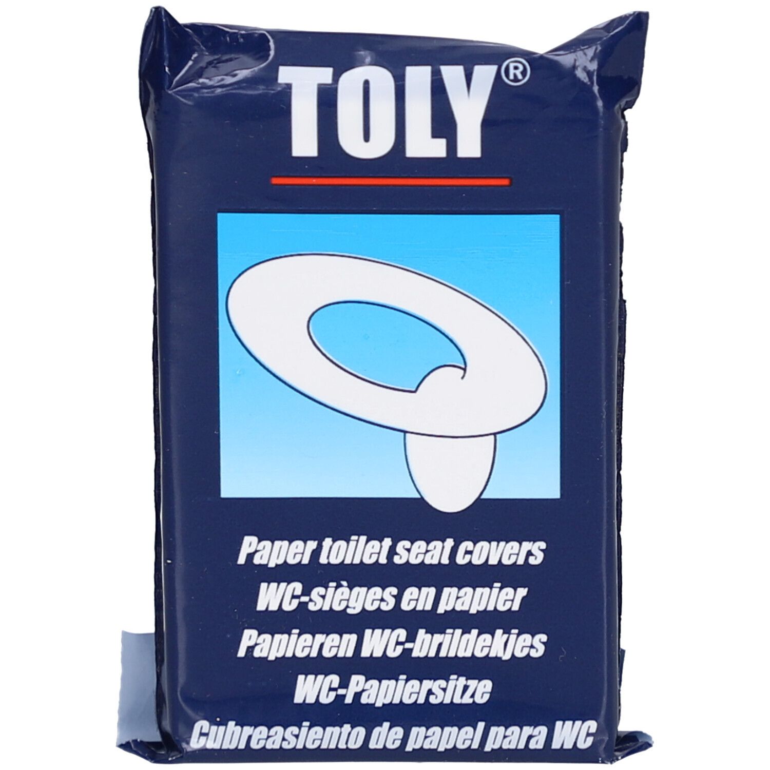 Paquet de protège-sièges WC en papier. Bleu, avec symbole blanc du produit. Marque TOLY® en haut.