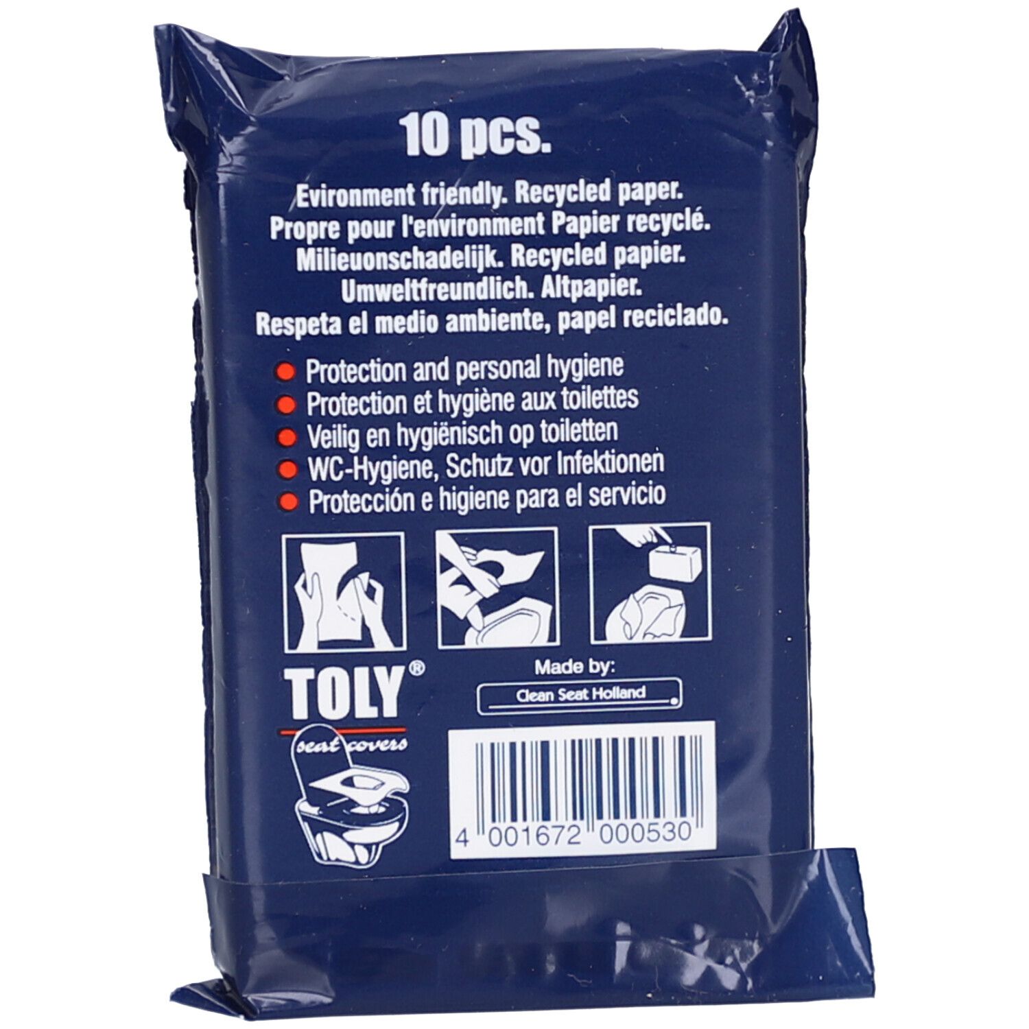 Dos du paquet. Contient 10 pièces. Texte: Respectueux de l'environnement, hygiène, marque TOLY® et code-barres.