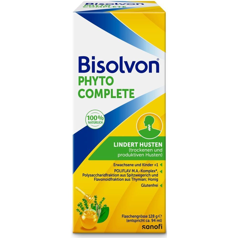 Emballage de sirop contre la toux. Jaune, blanc et bleu. Inscription : Bisolvon Phyto Complete. Soulage la toux. 100% naturel.