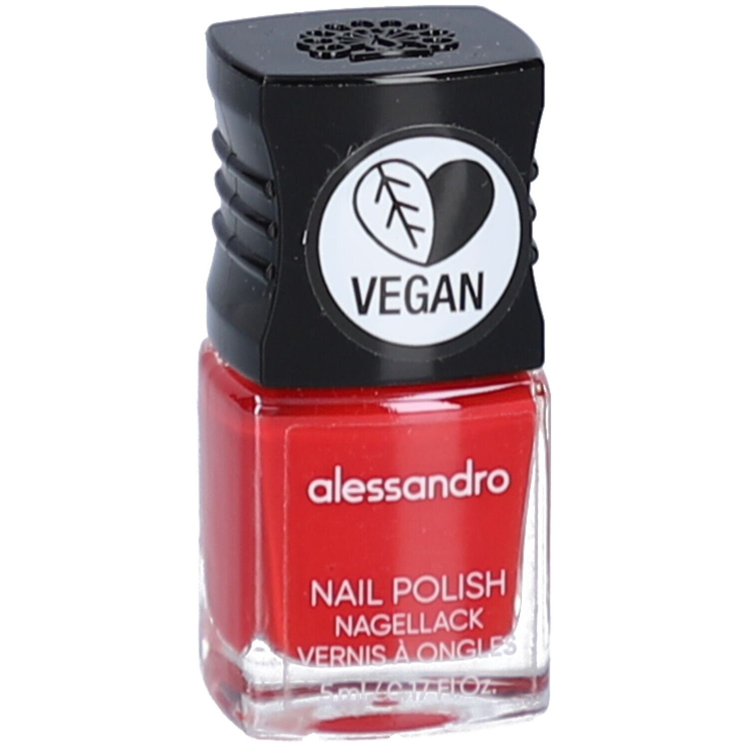 Flacon de vernis à ongles rouge avec bouchon noir. Logo Vegan sur le bouchon. Inscription : alessandro, vernis à ongles.