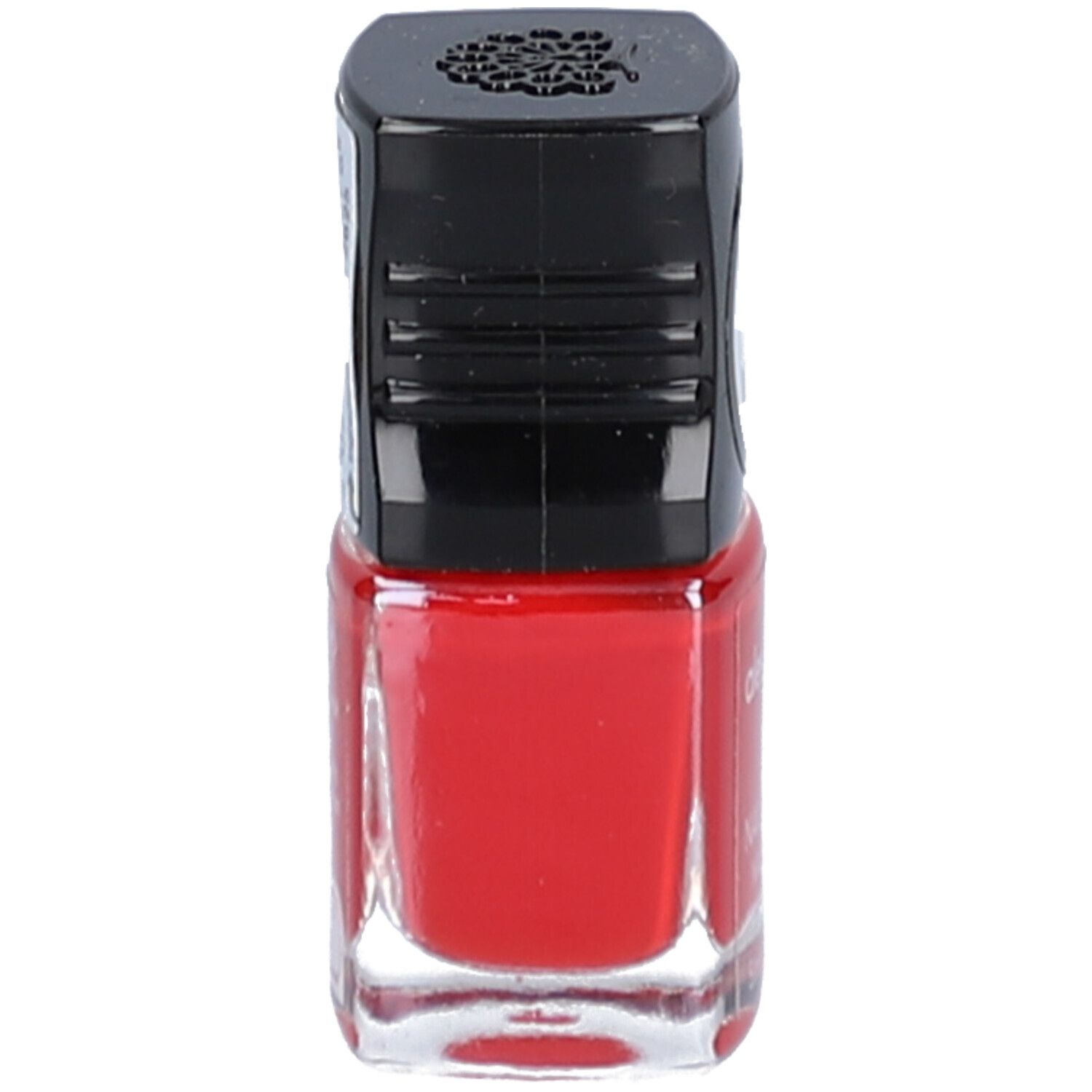 Flacon de vernis à ongles rouge avec bouchon noir. Le flacon est représenté debout.