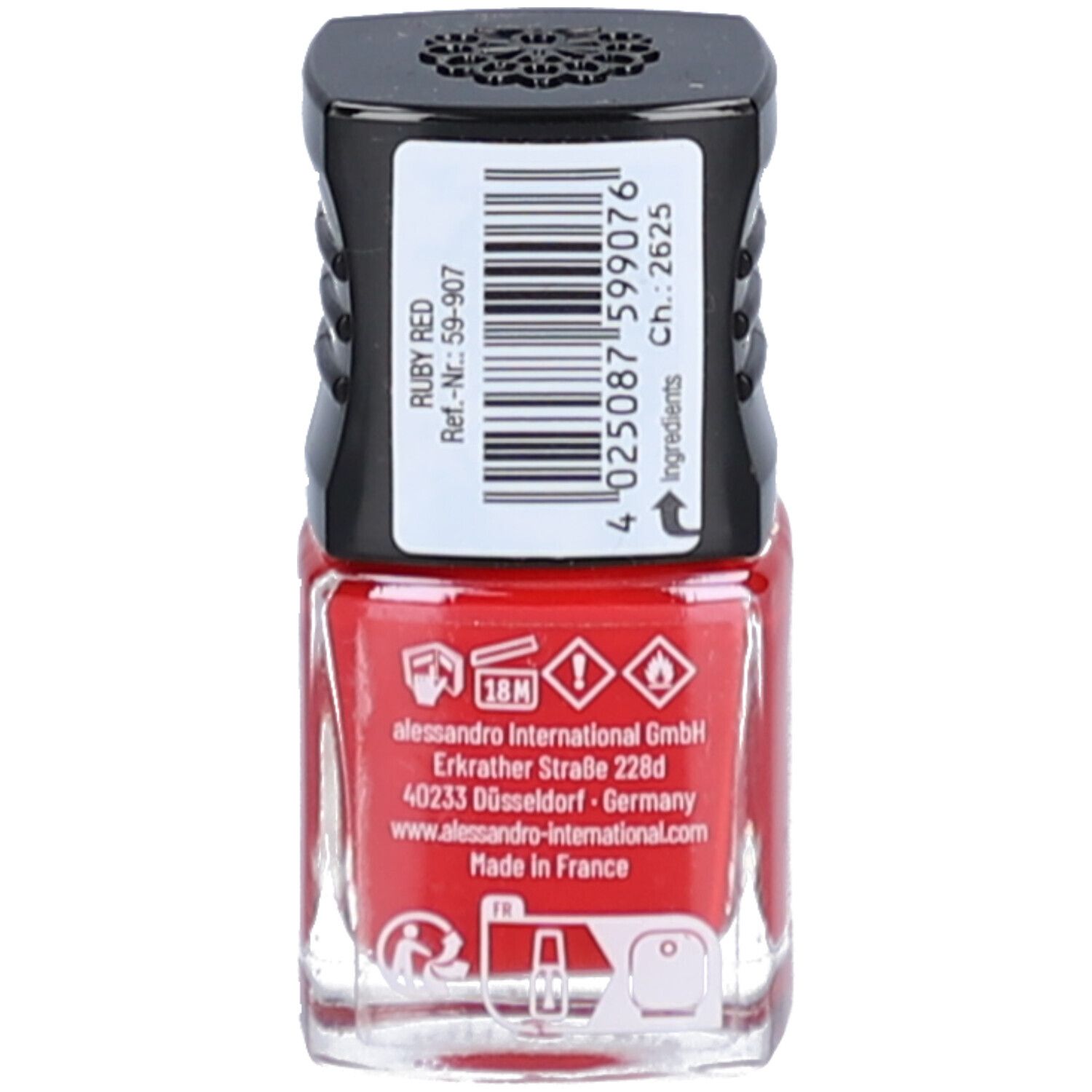 Flacon de vernis à ongles rouge, dos. Code-barres et informations : alessandro, Ruby Red, ingrédients, avertissements, Fabriqué en France.