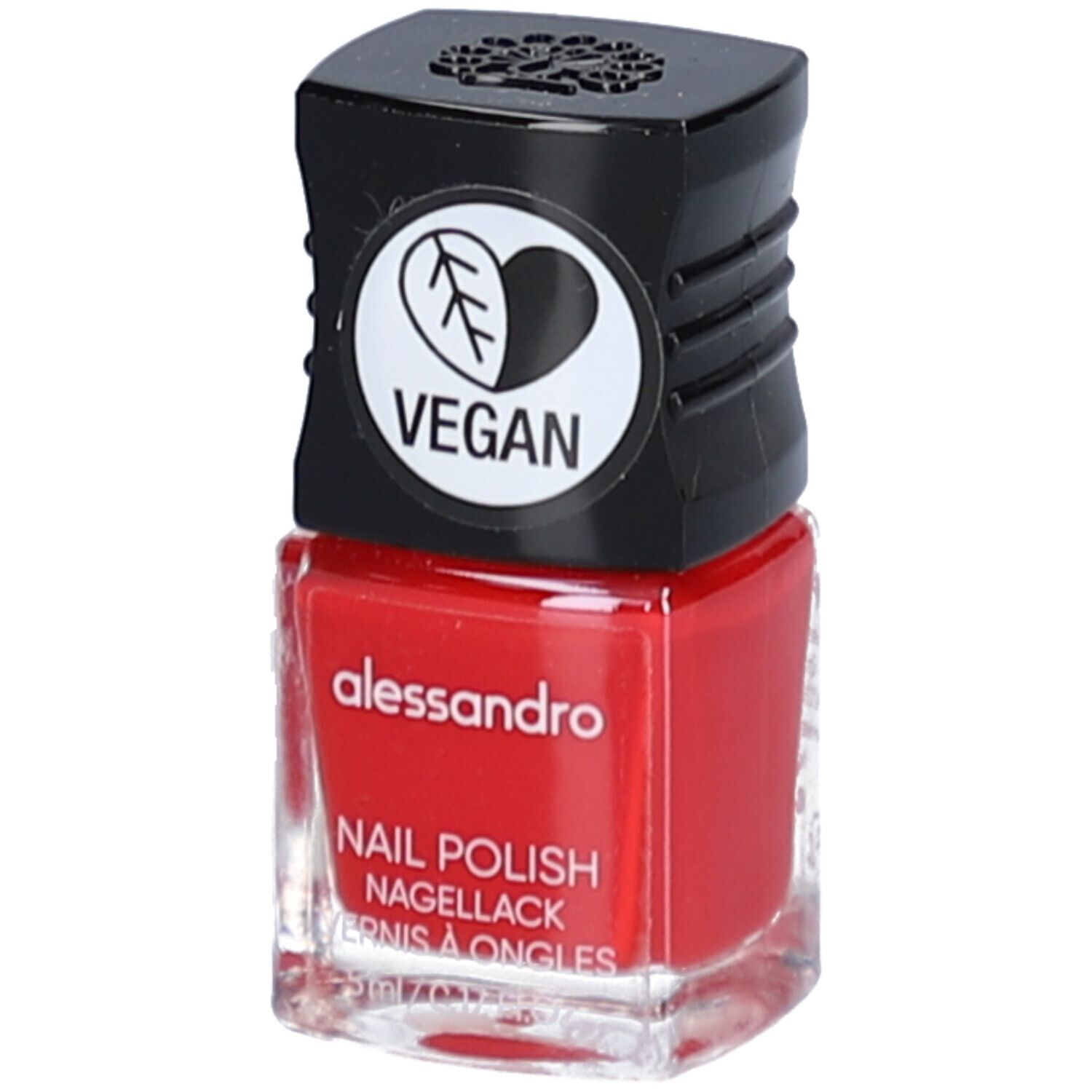 Flacon de vernis à ongles rouge avec bouchon noir. Logo Vegan sur le bouchon. Inscription : alessandro, vernis à ongles.