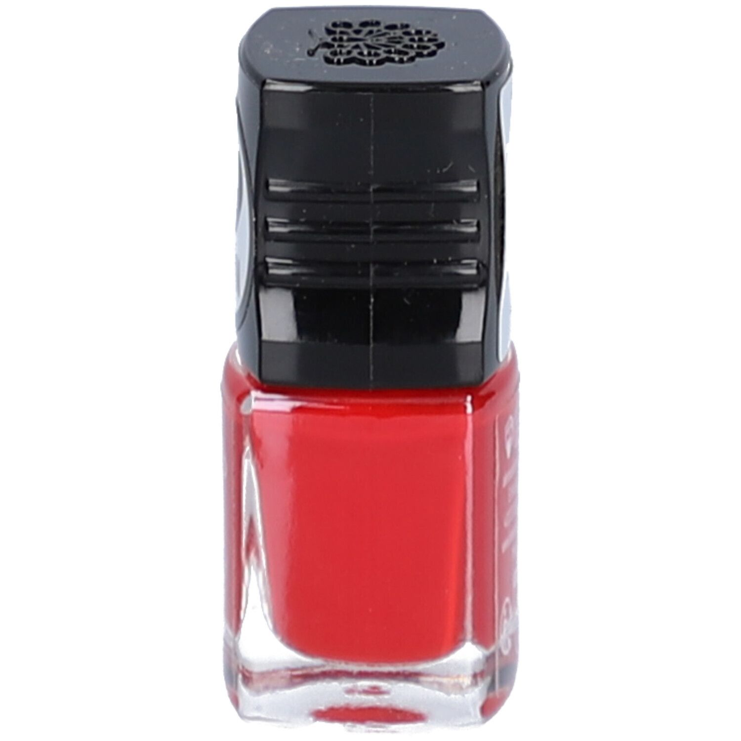 Flacon de vernis à ongles rouge avec bouchon noir. Le flacon est représenté debout.