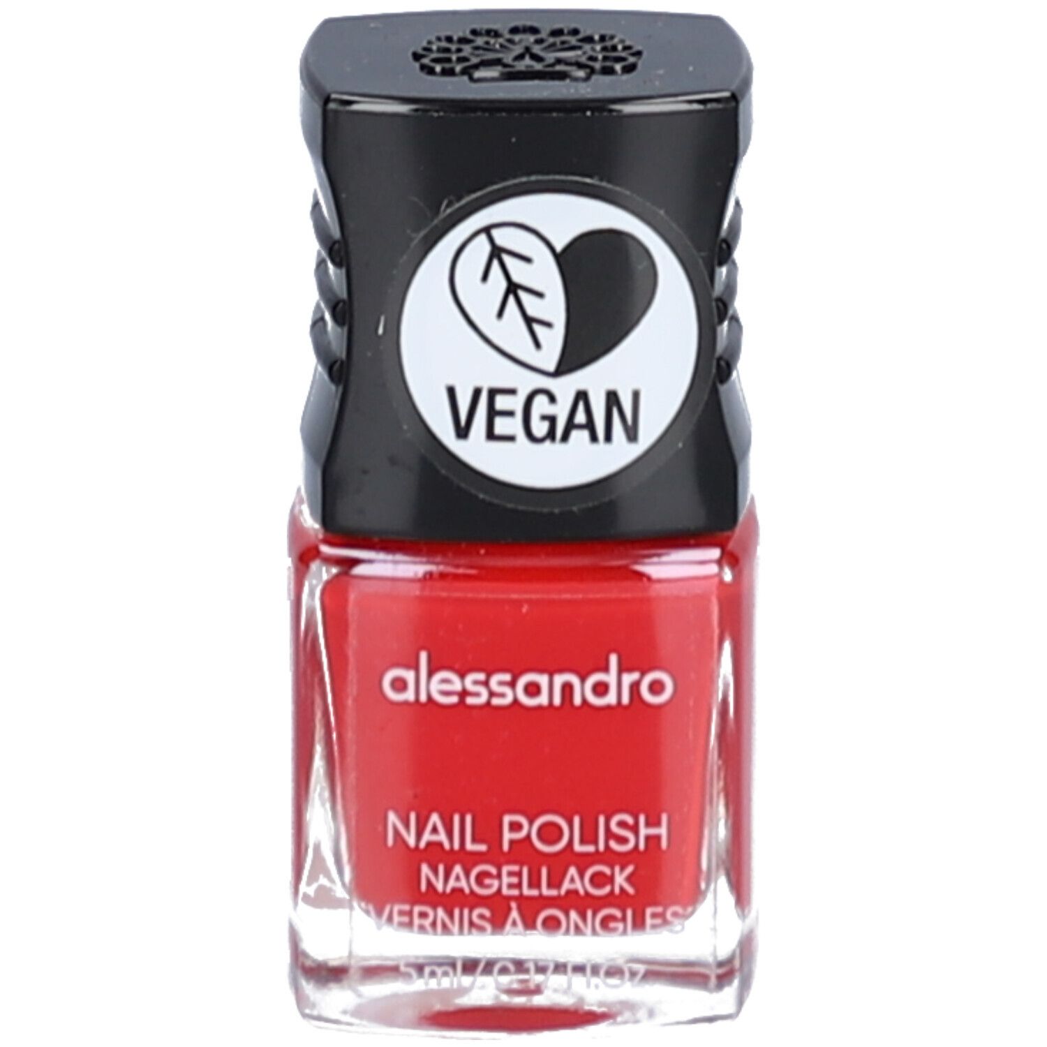 Flacon de vernis à ongles rouge avec bouchon noir. Logo Vegan sur le bouchon. Inscription : alessandro, vernis à ongles.