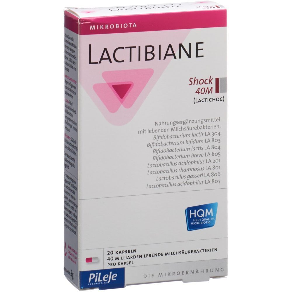 Boîte de LACTIBIANE Shock 40M. Emballage blanc et rose avec informations et logo.